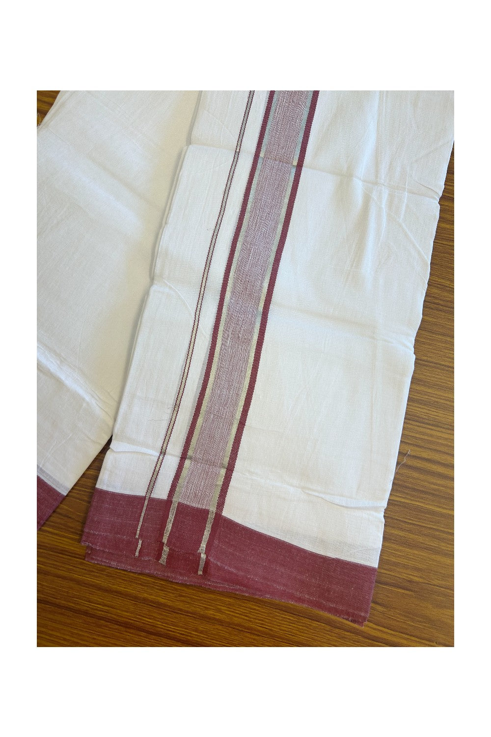Linen Dhoti New! 20% Discount from Kaitharikada.com - Double Mundu/Dhoti 80x90 Thread Pure White - Pure Cotton + Linen - 2.25 Inch Silver Kasav Maroon Shaded design Kara - 41KK5115THI