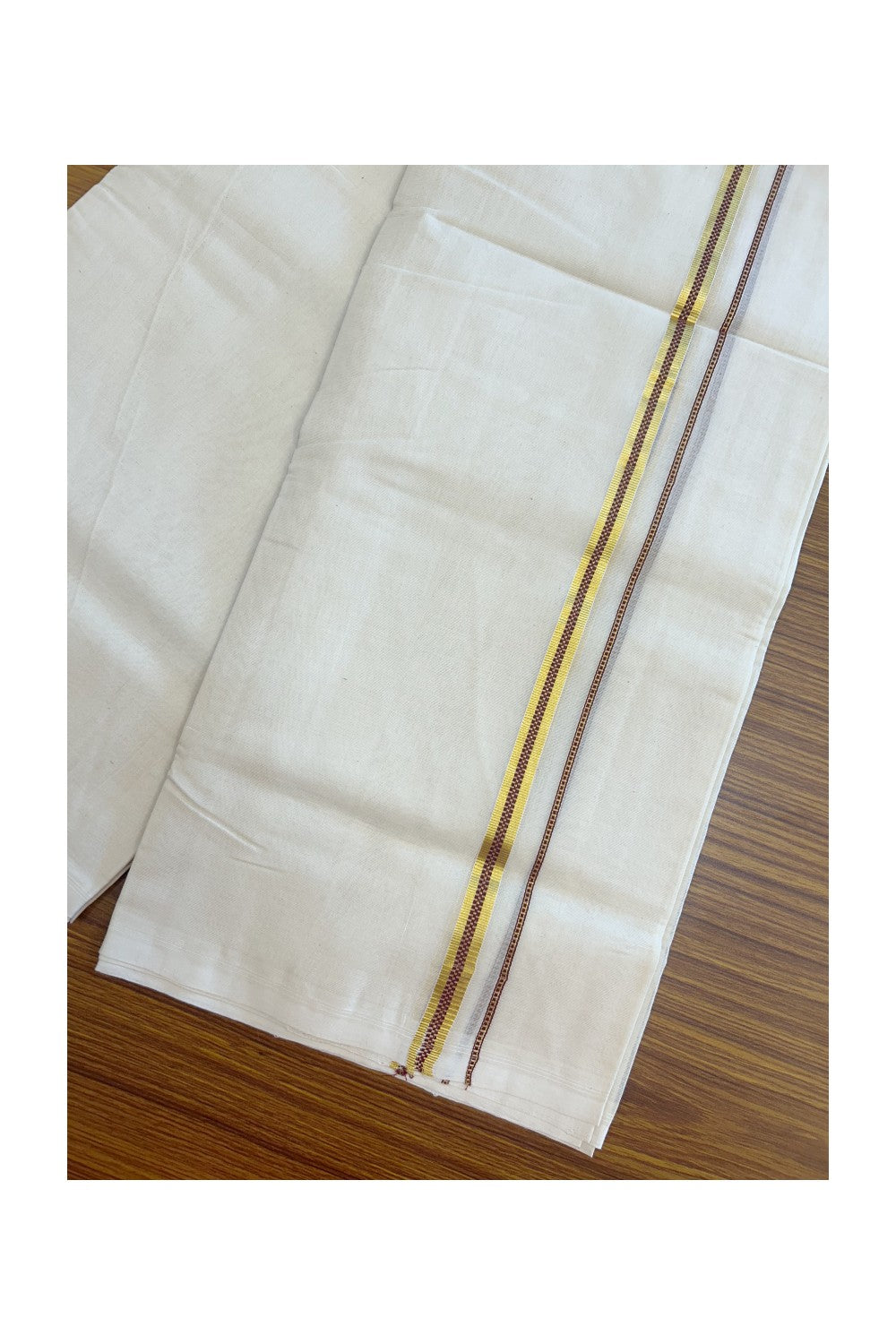 25% DISCOUNT! KaithariKada BALARAMAPURAM HANDLOOM UNAKKUPAAV - 100% PURE Cotton Off white (Unbleached) Double Mundu/Dhoti - 0.5 inch Gold Kasavu & Muthukkuri Maroon Kara (8 Muzham) - 9KK5161SOM
