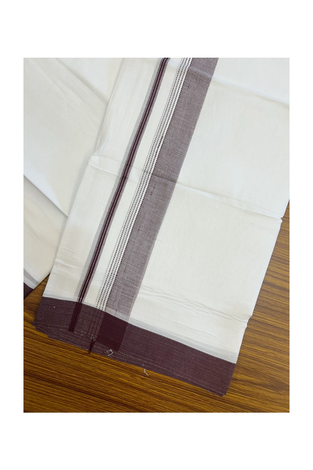 20% Discount ! Kaitharikada Balaramapuram 100% Cotton PURE WHITE Double Mundu/Dothi - 100x80 - 1.5 inch Wine Purple Shaded Striped Kara - 22KK5183VIN