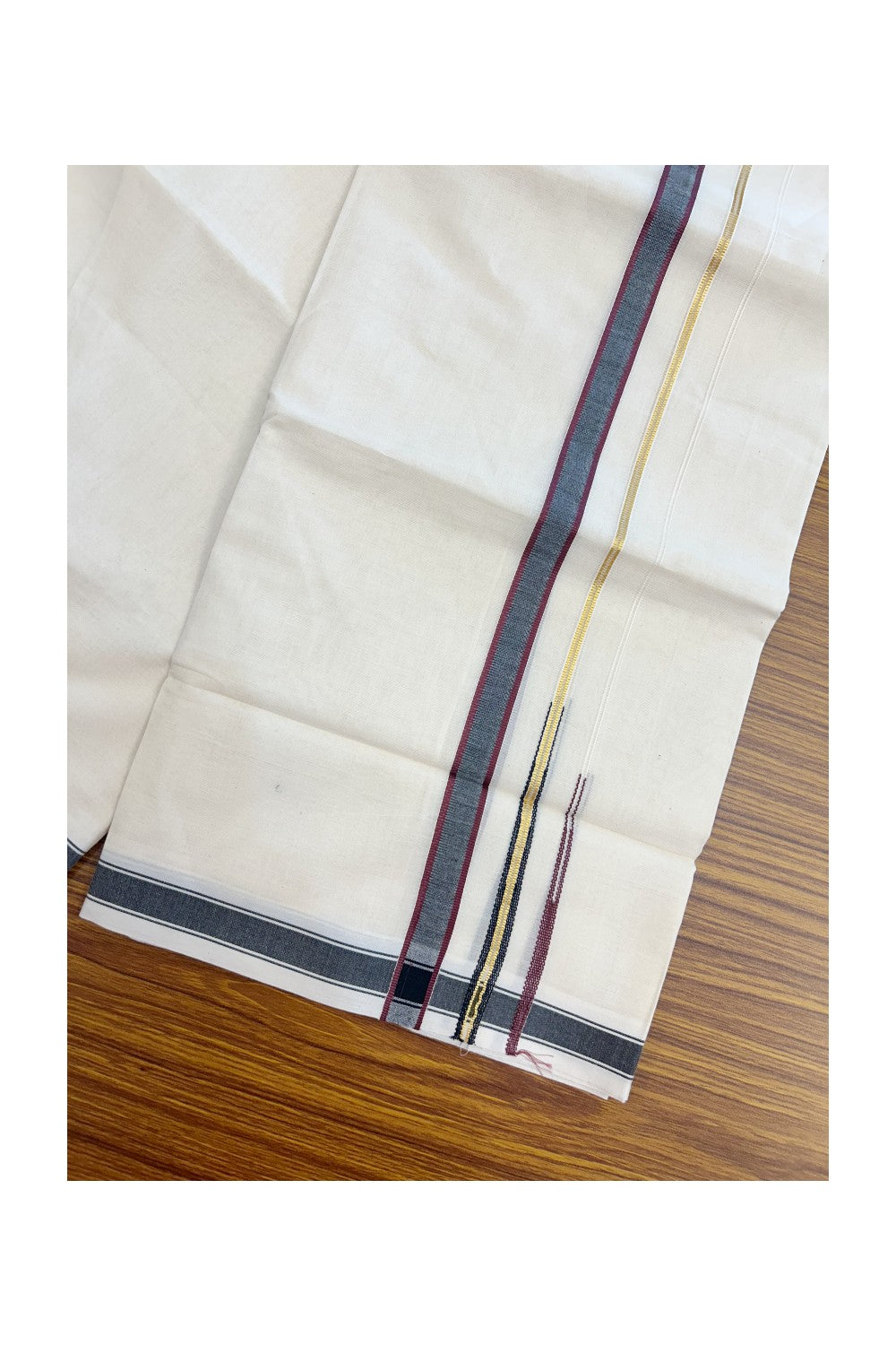20% DISCOUNT !! KaithariKada Balaramapuram 100% Pure Cotton Double Off white - (Unbleached) Mundu/Dhoti-100x80 - 0.75 inch Puliyilakkara Gold Kasavu Wine & Black Shaded Double Chutty Kara - 22KK5186CKS