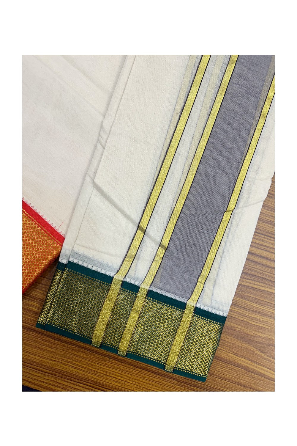 Panchakacham Dhoti - 20% DISCOUNT! KaithariKada 100% Cotton Off White - (Unbleached) 100x100 thread - NORTH INDIAN- ATTACHED GAMCHA 9X5 Dhoti 2.75 inch Dark Brown kara with Chilly Red & Dark Green Kasavu border - 22KK5196PMC