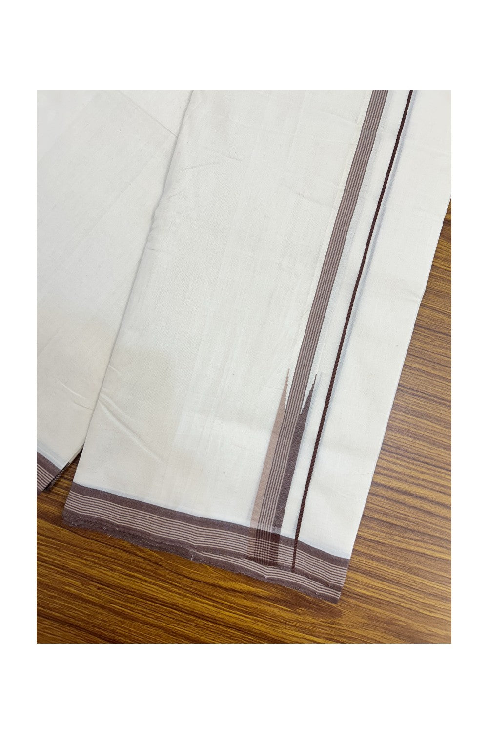 25% DISCOUNT!! KaithariKada HANDLOOM UNAKKUPAAV Balaramapuram - 100% PURE Cotton OFF White - (Unbleached) Double Mundu/Dothi - 80X100 - 0.75 inch Puliyilakkara Brown & Cream Tan Striped Chutty Kara 3.80 meter (8.5 Muzham) - 22KK5209 REA