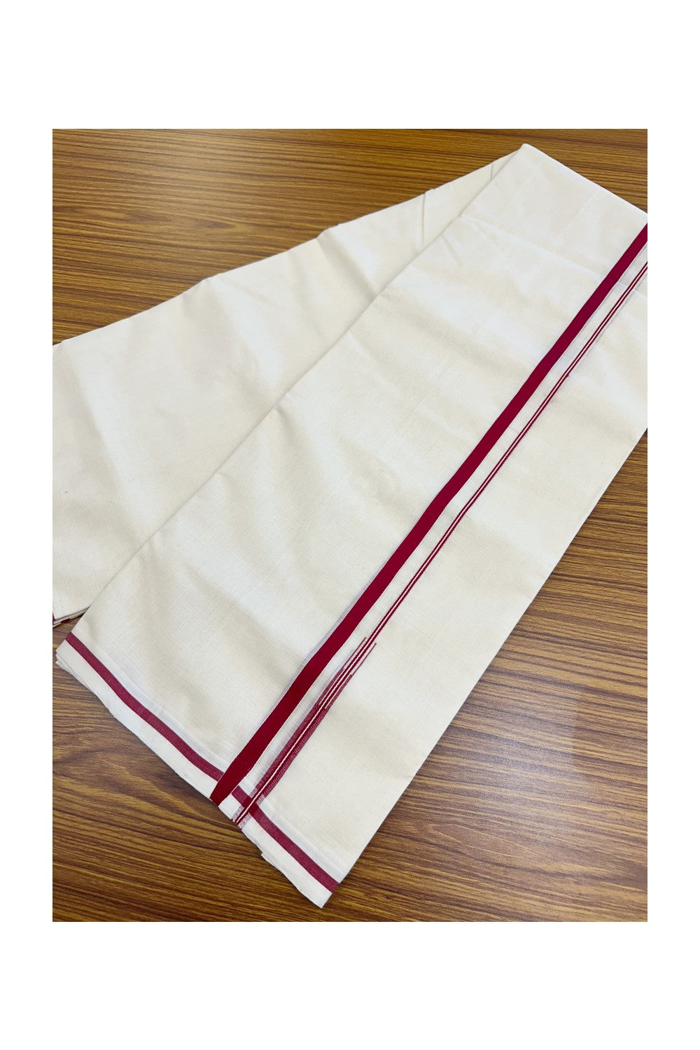 25% Discount KaithariKada HANDLOOM Millpaav Balaramapuram - 100% PURE Cotton OFF WHITE (Unbleached) Double Mundu/Dhoti - 80X90 - Puliyilakkara 1 cm Reddish Maroon Chutty Kara 4 mtr (8.5 muzham)- 22KK5234 RAM