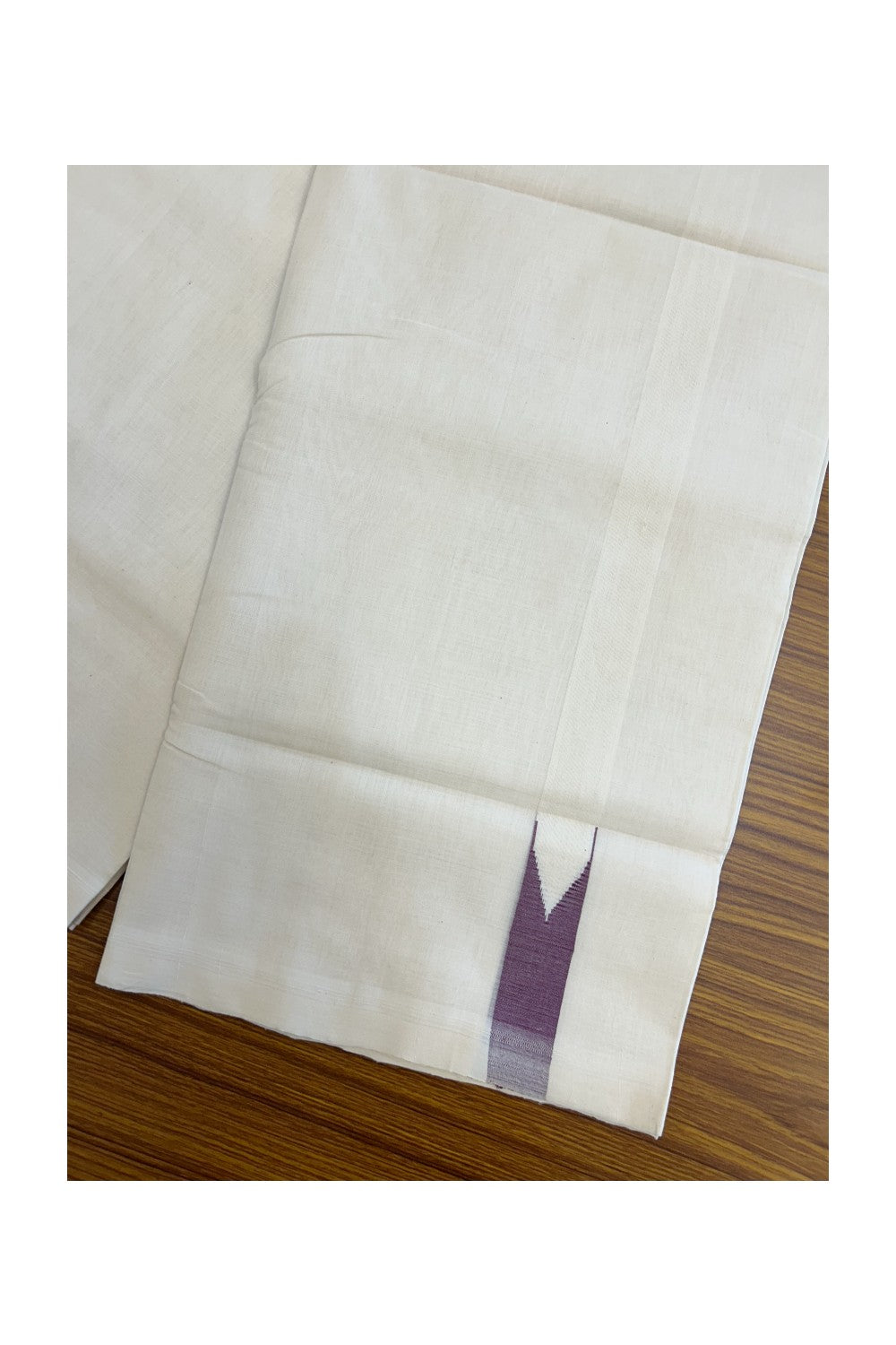 25% Discount!!! KaithariKada HANDLOOM UNAKKUPAAV Balaramapuram - 100% PURE Cotton OFF WHITE (Unbleached) Double Mundu/Dhoti - 80x90 - 1 inch Dark purple shaded chutty 4 Mtr (8.5 Muzham) - 22KK5235 YAR