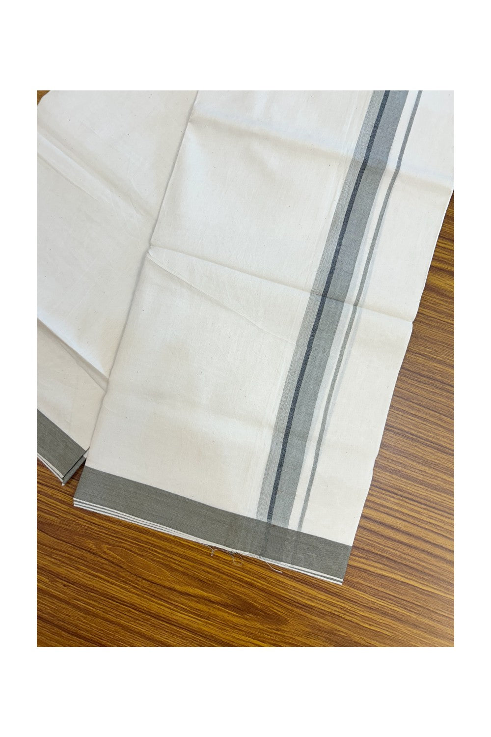 24% Discount !! KaithariKada Balaramapuram 100% Cotton OFF WHITE (Unbleached) Single Mundu/Dhoti - Twisted 60s Thread - 1.25 inch Dark Greyish brown shaded Black striped Kara (2 meter / 4 muzham) - 51KK5241 GL