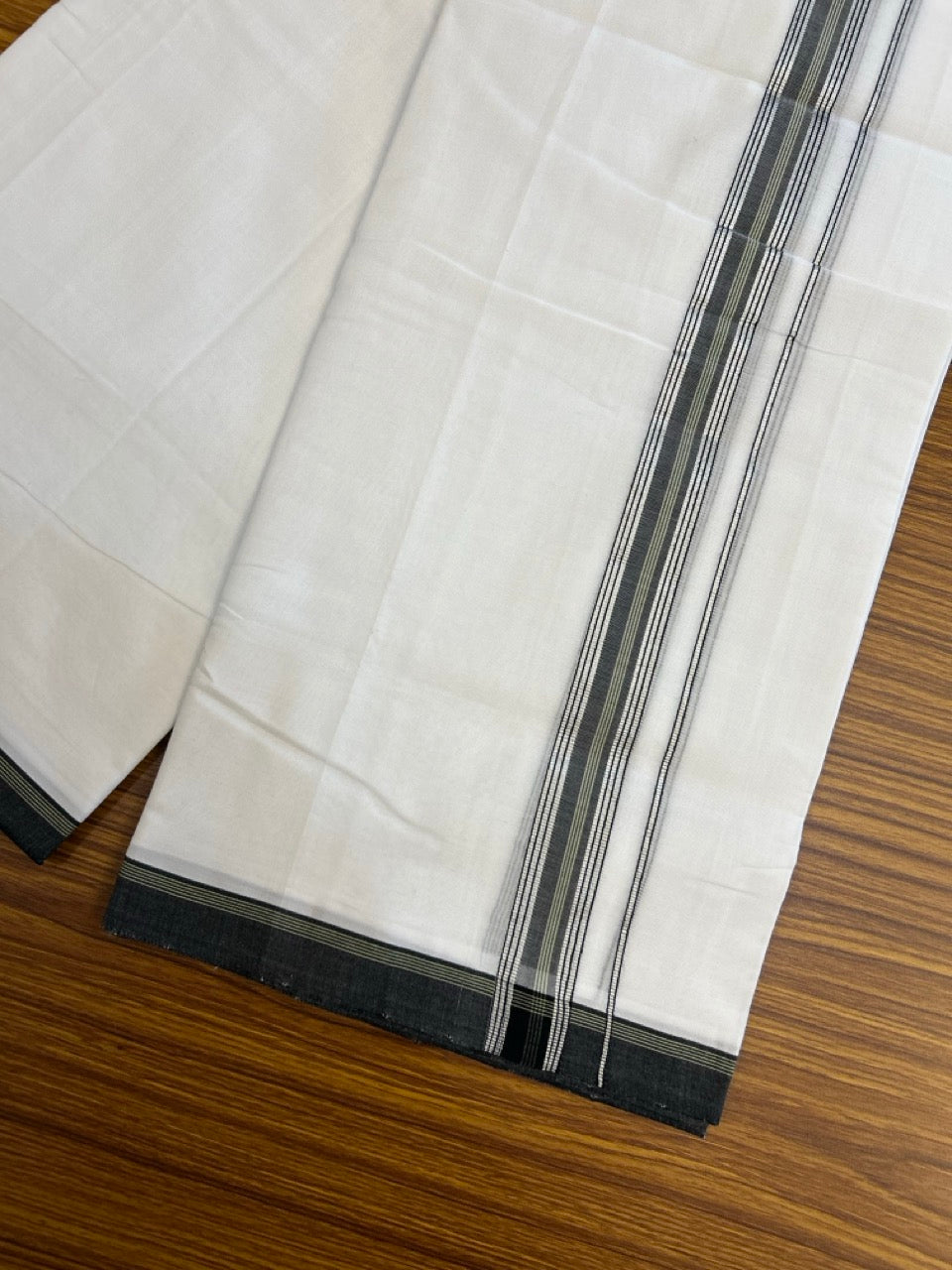 25% Discount!! NEW ULTRA PURE WHITE HANDLOOM Balaramapuram - 100% MERCERISED Cotton Double Mundu/Dhoti - 120 twisted warp x 80s weft - Green Black Silver Kasav Kara- 22KK5248 REA