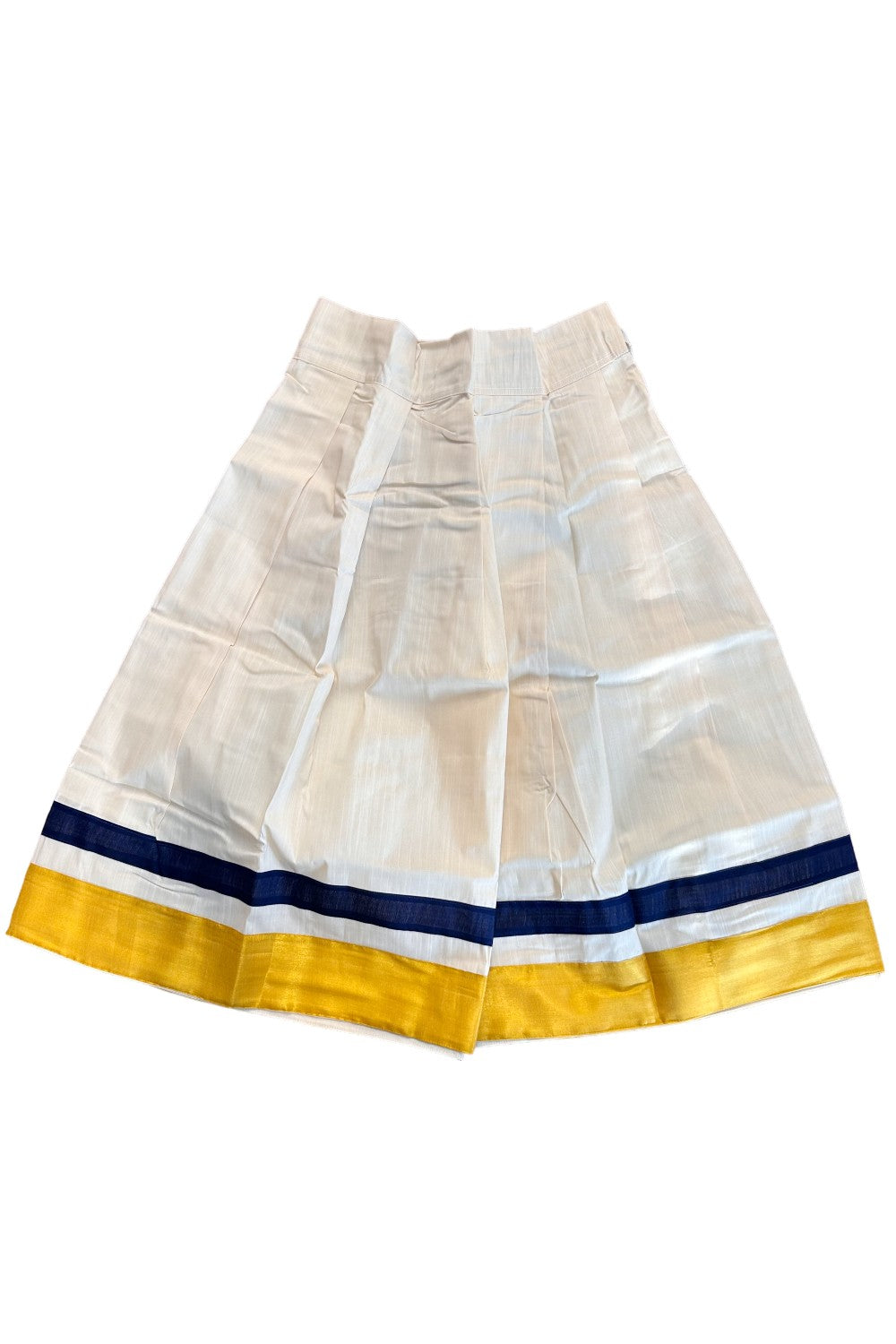 Midukki-Traditional South Indian Kids Pattu Pavada- Navy blue top with emboss work offwhite skirt with kasavu- Age 10 - KK10MID0022
