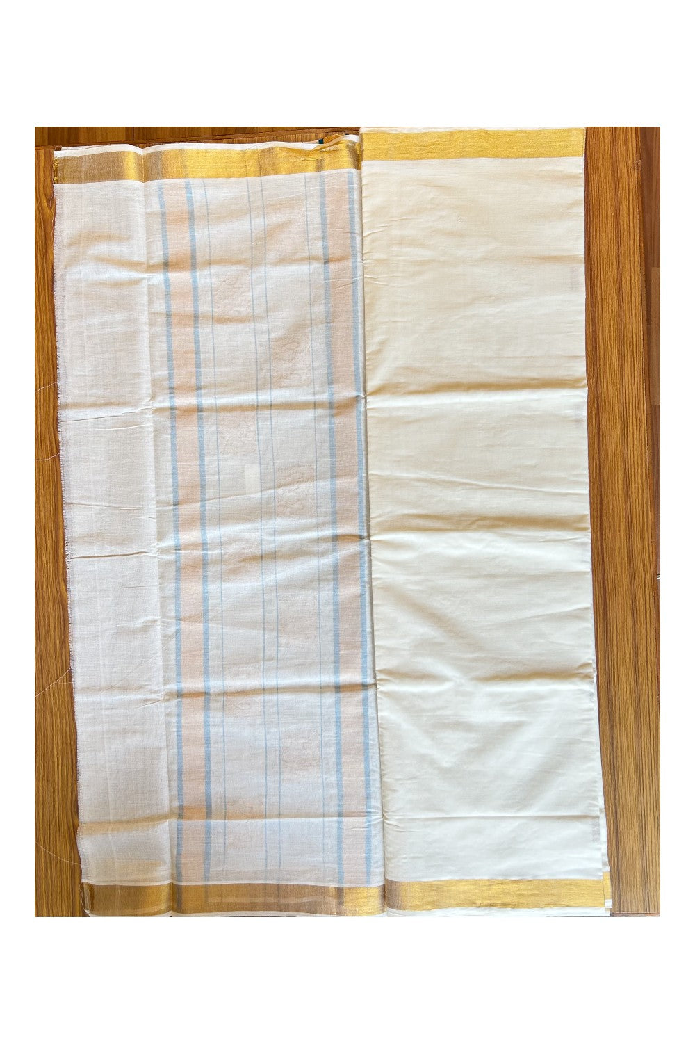 25% Discount! Kaitharikada Kerala Cotton Saree Off white - 12 inch Kasavu Zari Peacock Blue & Peacock Pattern Putta Design- 22KK303VIN