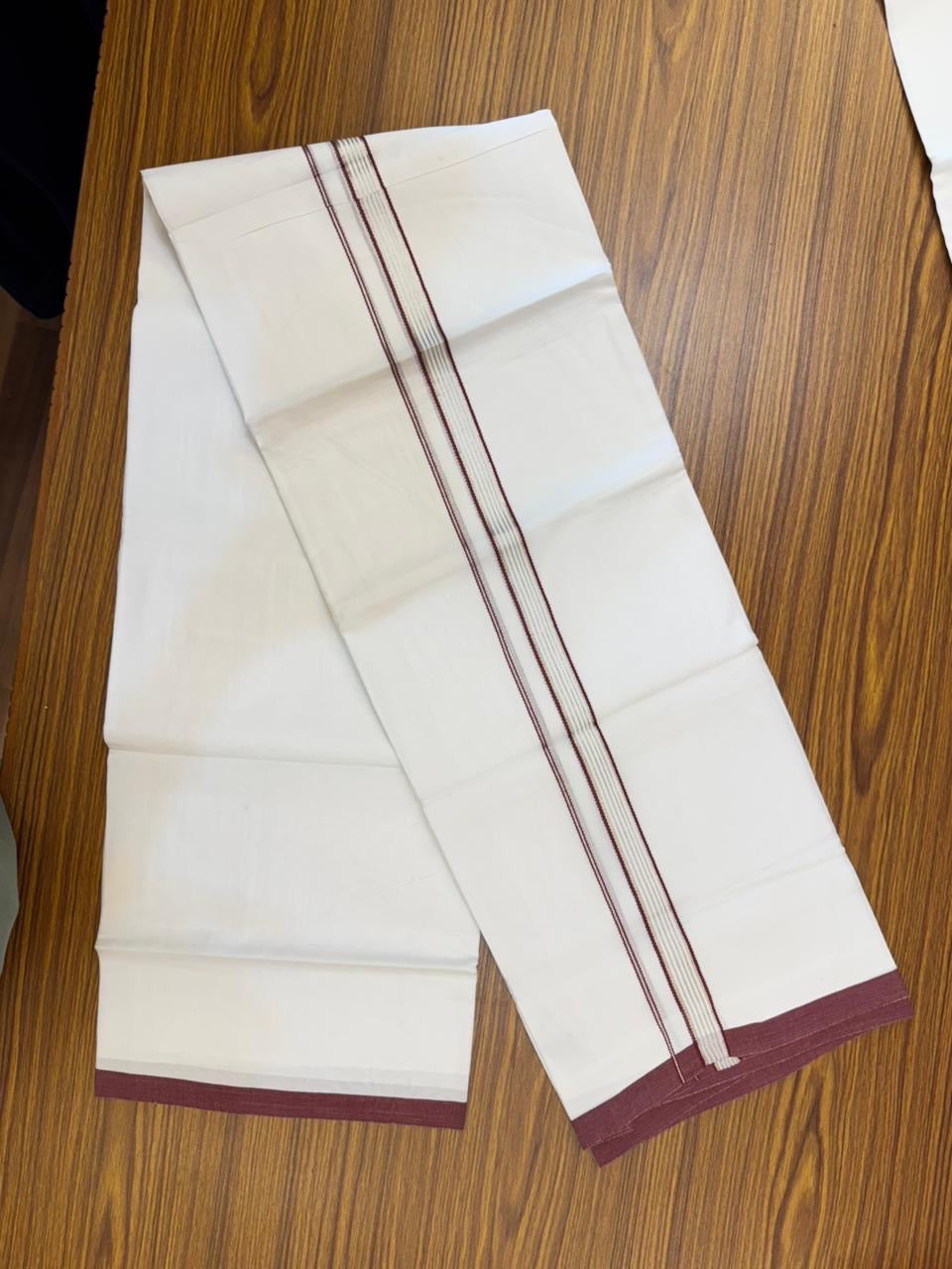 20% Discount ! Kaitharikada Balaramapuram 100% Cotton Pure White Double Mundu/Dothi - 100x80 - 0.75 inch Silver Kasav & Maroon Striped Kara 4 mtr (8.5 muzham) - 57 KK5255 VAS