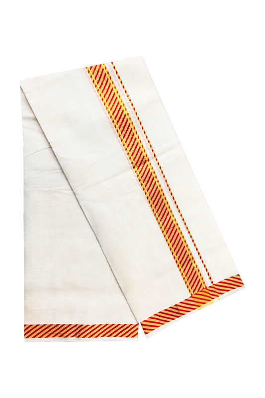 25% Discount ! KaithariKada Handloom Unakkupaav Balaramapuram - 100% Pure Cotton 3.75 Meter Off White (Unbleached) Double Mundu/Dhoti - Brick Red Lines & Kasav Design 2.5 Inch  Kara 3 mtr - ABH23