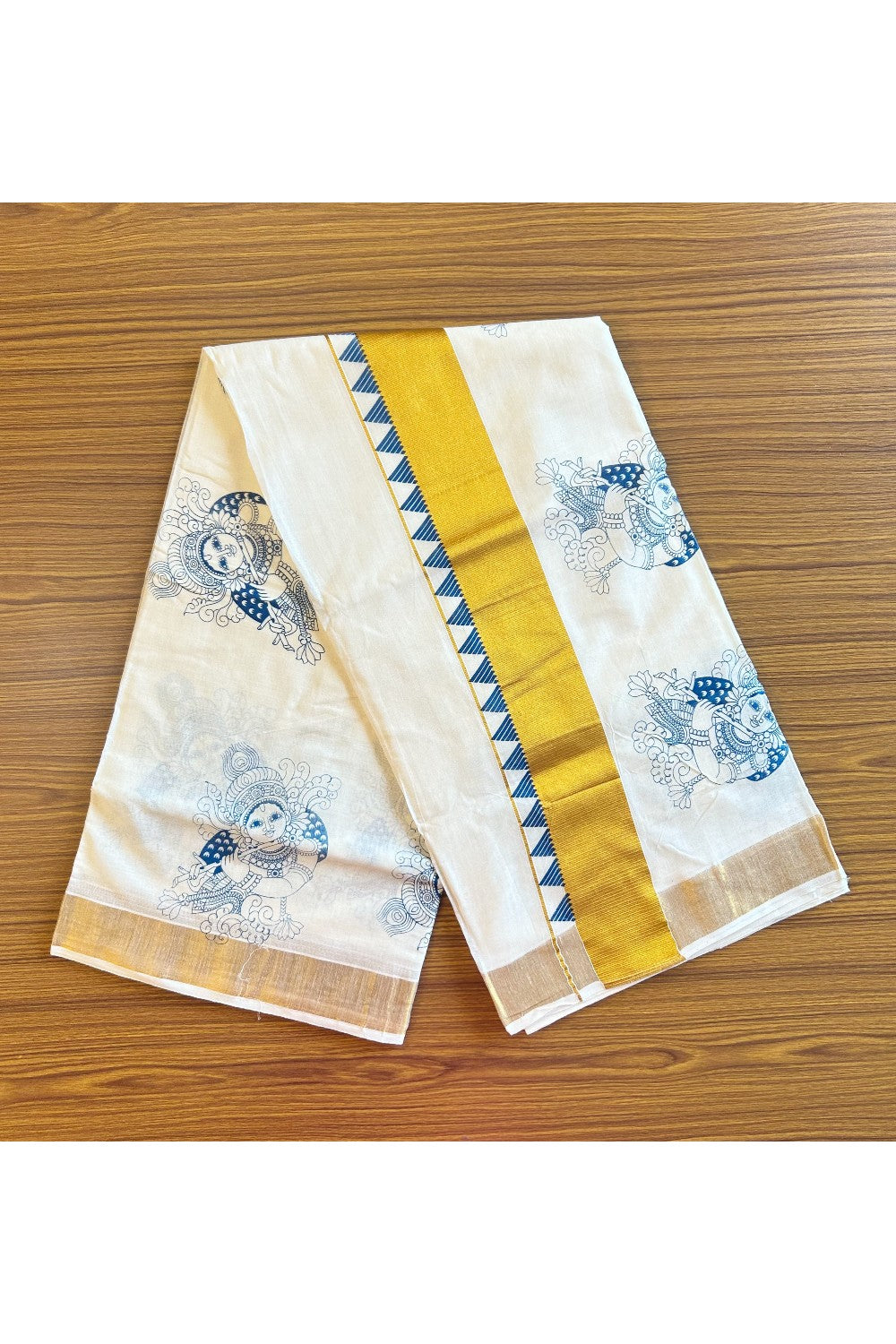 25% Discount! Kaitharikada Kerala Saree - Cotton Off white - Gold Kasavu Zari with Blue Krishna Printed - 23KK300VIN