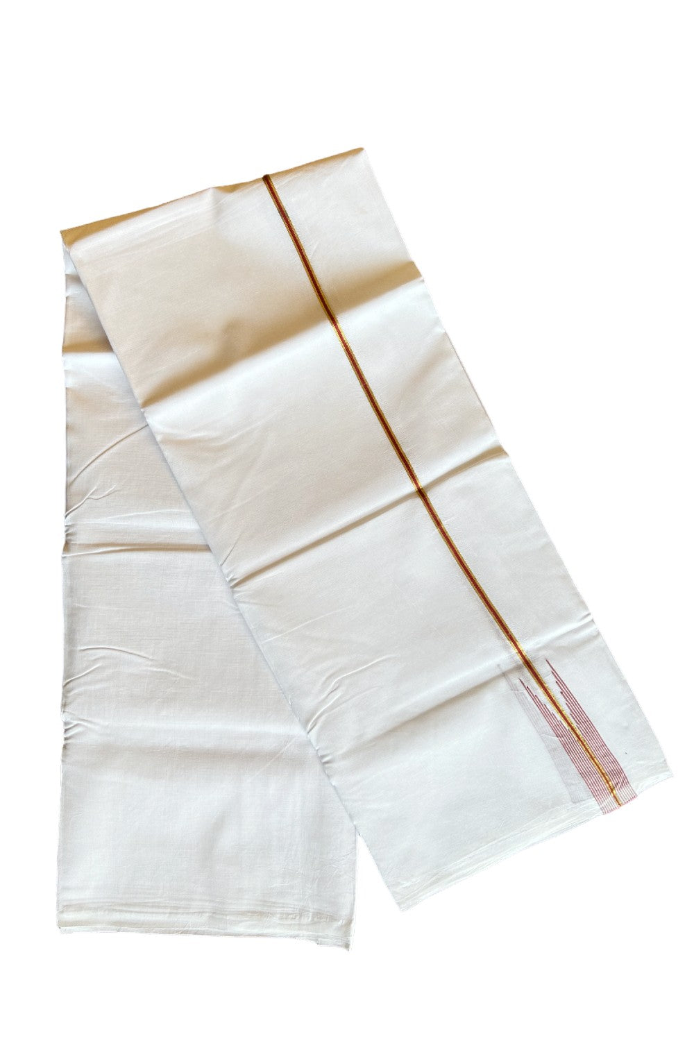 19% DISCOUNT!! KaithariKada Balaramapuram 100% Cotton PURE WHITE Double Mundu/Dhoti-100x100 1 inch Puliyilakkara Kasavu & brick red striped chutty - 23KK412ASH