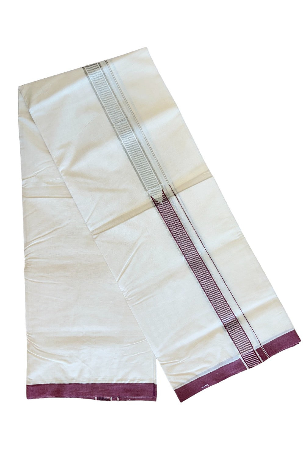 18% Discount !!KaithariKada Balaramapuram 100% Cotton Off White (Unbleached) Double Mundu/Dhoti-100x100 2.inch Heavy Chutty Silver Kasavu & Maroon- 23KK455ASH