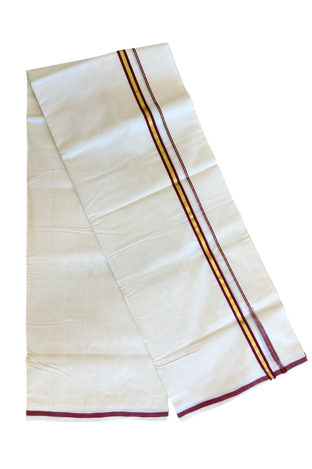 17% Discount KaithariKada HANDLOOM UNAKKUPAAV Balaramapuram - 100% PURE Cotton off white (Unbleached) Double Mundu/Dhoti - 1.5cm Maroon Strip & Kasavu-90