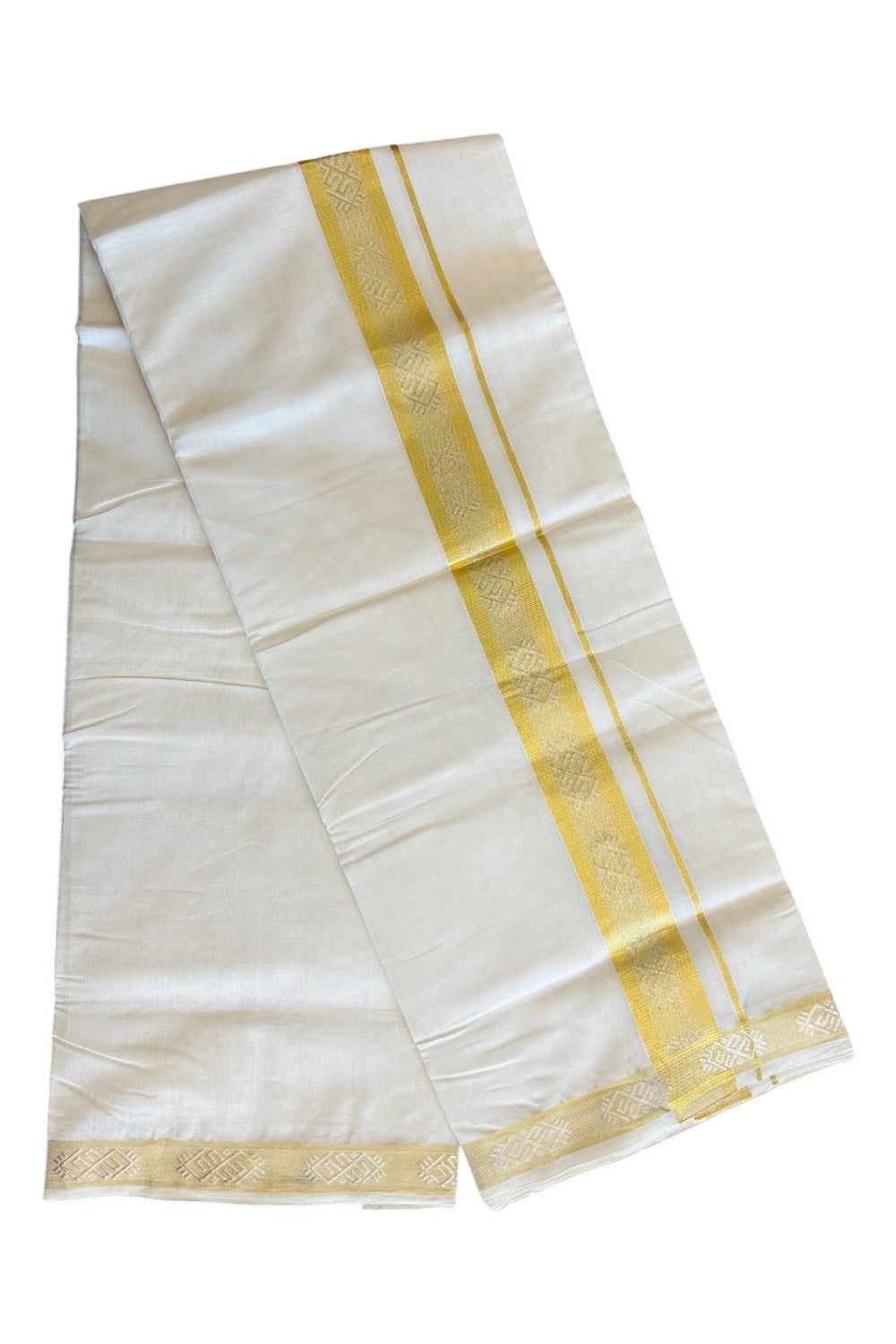 25% DISCOUNT ! KaithariKada HANDLOOM Unakkupaav Balaramapuram - 100% PURE Cotton Off White - (Unbleached) Double Mundu/Dhoti - 2.5 inch Gold Kasavu & Silver Design Kara - 23KK5105RAM