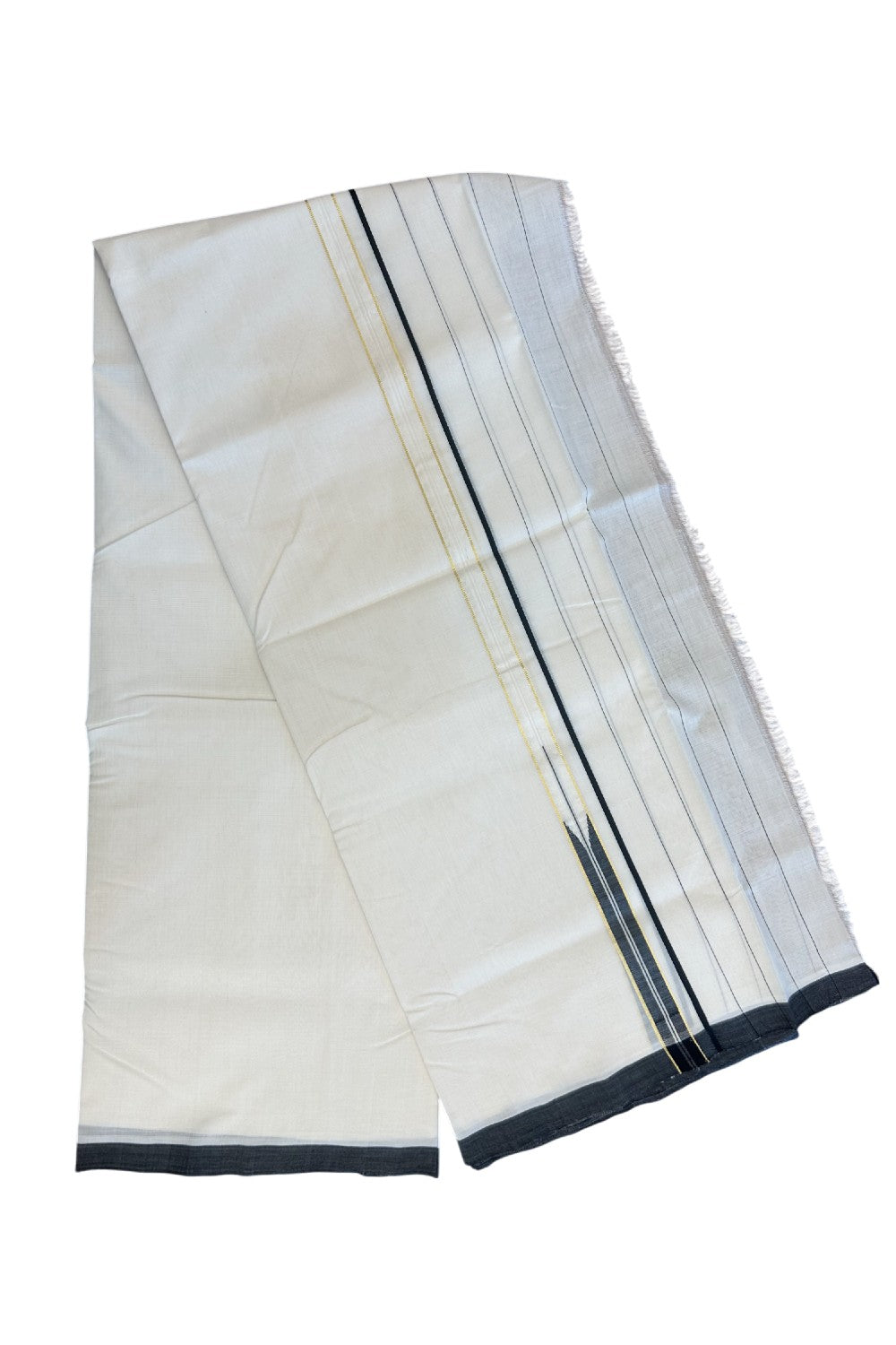 25% DISCOUNT!! KaithariKada HANDLOOM UNAKKUPAAV Balaramapuram - 100% PURE Cotton OFF White - (Unbleached) Double Mundu/Dothi - 100x100 - PURE KASAVU 6 inch Black stripes puliyilakkara chutty 3.80 meter (8.5 Muzham) - 26KK5167REA
