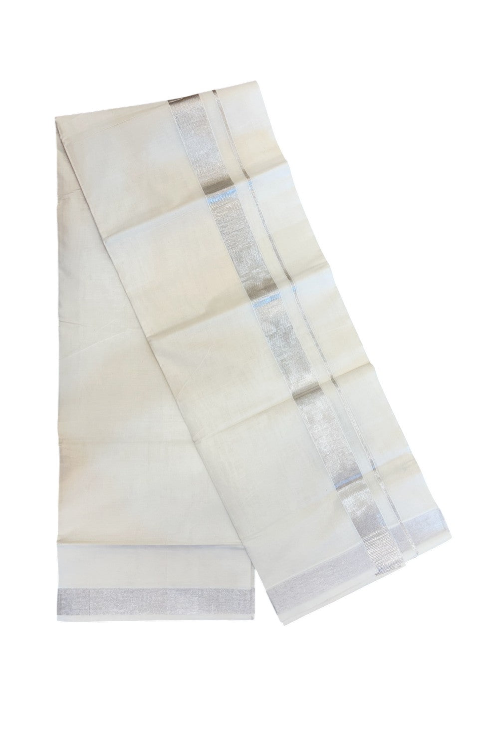 20% DISCOUNT! KaithariKada Balaramapuram 100% Cotton Off white (Unbleached) Double Mundu/Dhoti- 80x90 - 1.5 inch Silver Kasavu kara - 21KK5182VAS