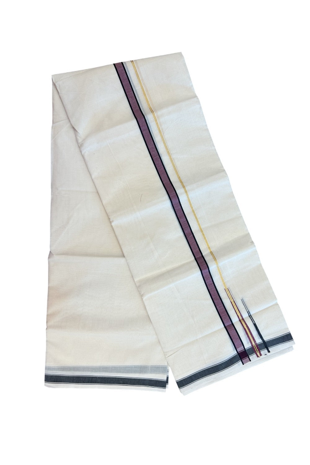 20% DISCOUNT !! KaithariKada Balaramapuram 100% Pure Cotton Double Off white - (Unbleached) Mundu/Dhoti-100x80 - 0.75 inch Puliyilakkara Gold Kasavu Black & Light Wine Shaded Double Chutty Kara - 23KK5186CKS