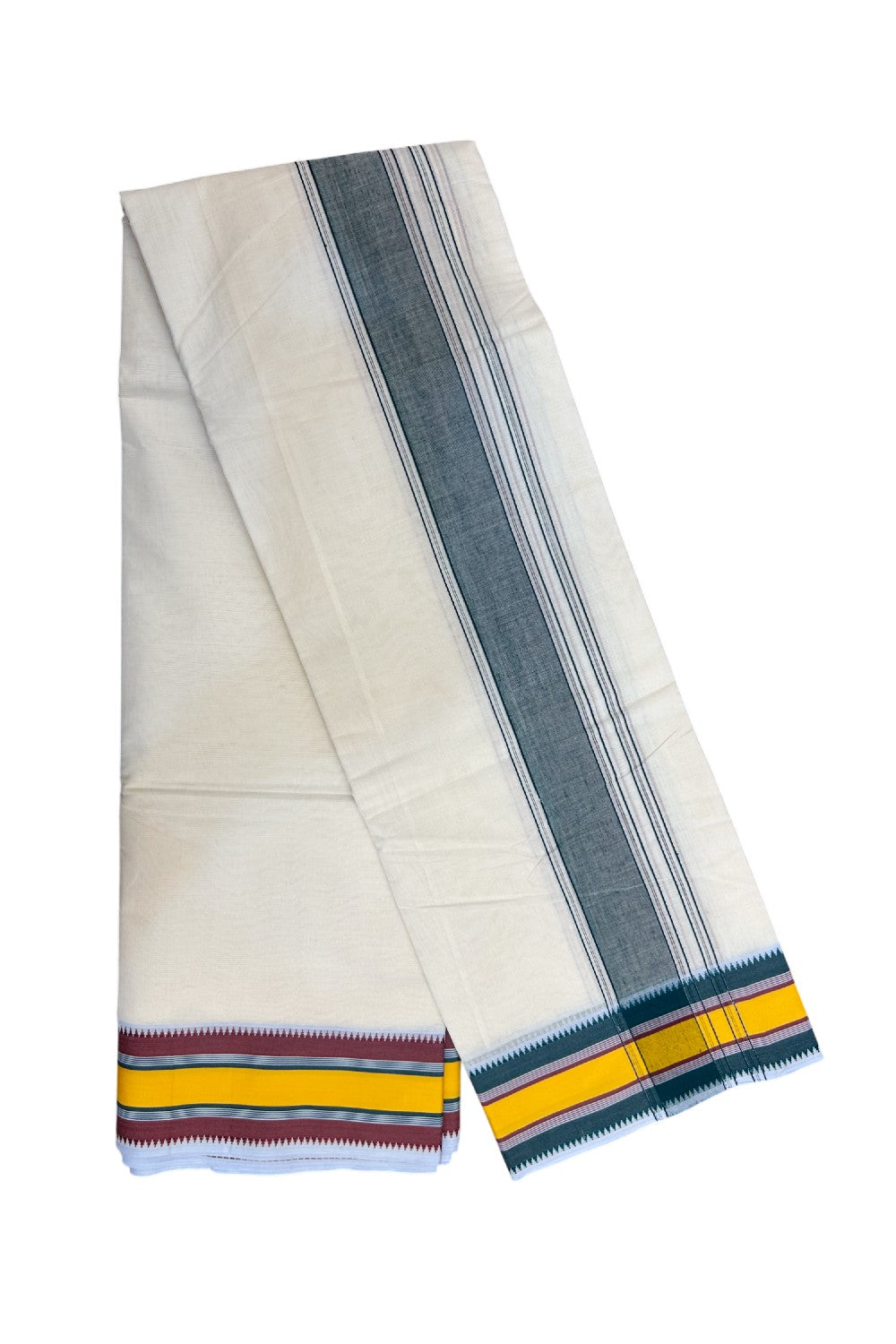 20% DISCOUNT! KaithariKada 100% Cotton Off White - (Unbleached) - Pure Cotton -100x100 thread - NORTH INDIAN - ATTACHED GAMCHA 9X5 Dhoti Dark green kara with Yellow Green & Brown Striped border - 23KK5196PMC