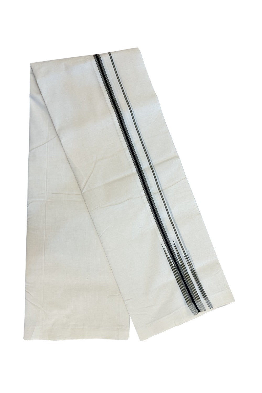 25% DISCOUNT!! KaithariKada HANDLOOM UNAKKUPAAV Balaramapuram - 100% PURE Cotton OFF White - (Unbleached) Double Mundu/Dothi - 80X100 - 1 inch Puliyilakkara Mustard Yellow & Black Striped Chutty Kara 3.80 meter (8.5 Muzham) - 23KK5209 REA