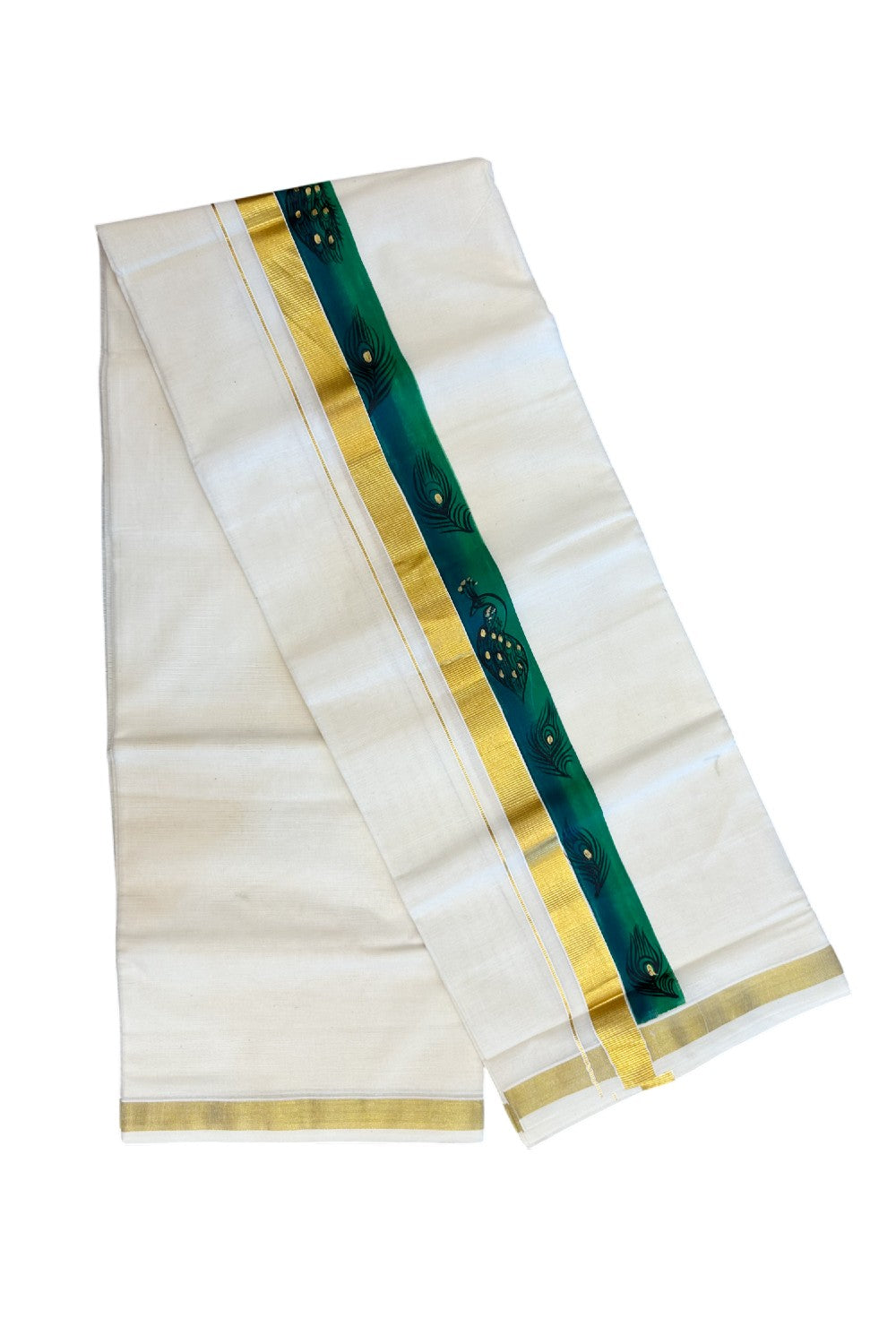 29% Discount! KaithariKada Balaramapuram 100% Cotton off white Double - (Unbleached) Mundu/Dhoti- 80x90 - Gold Kasavu HAND PAINTED Dark Green & Green Peacock Pattern 2.25 inch Kara - 23KK5212 VIN