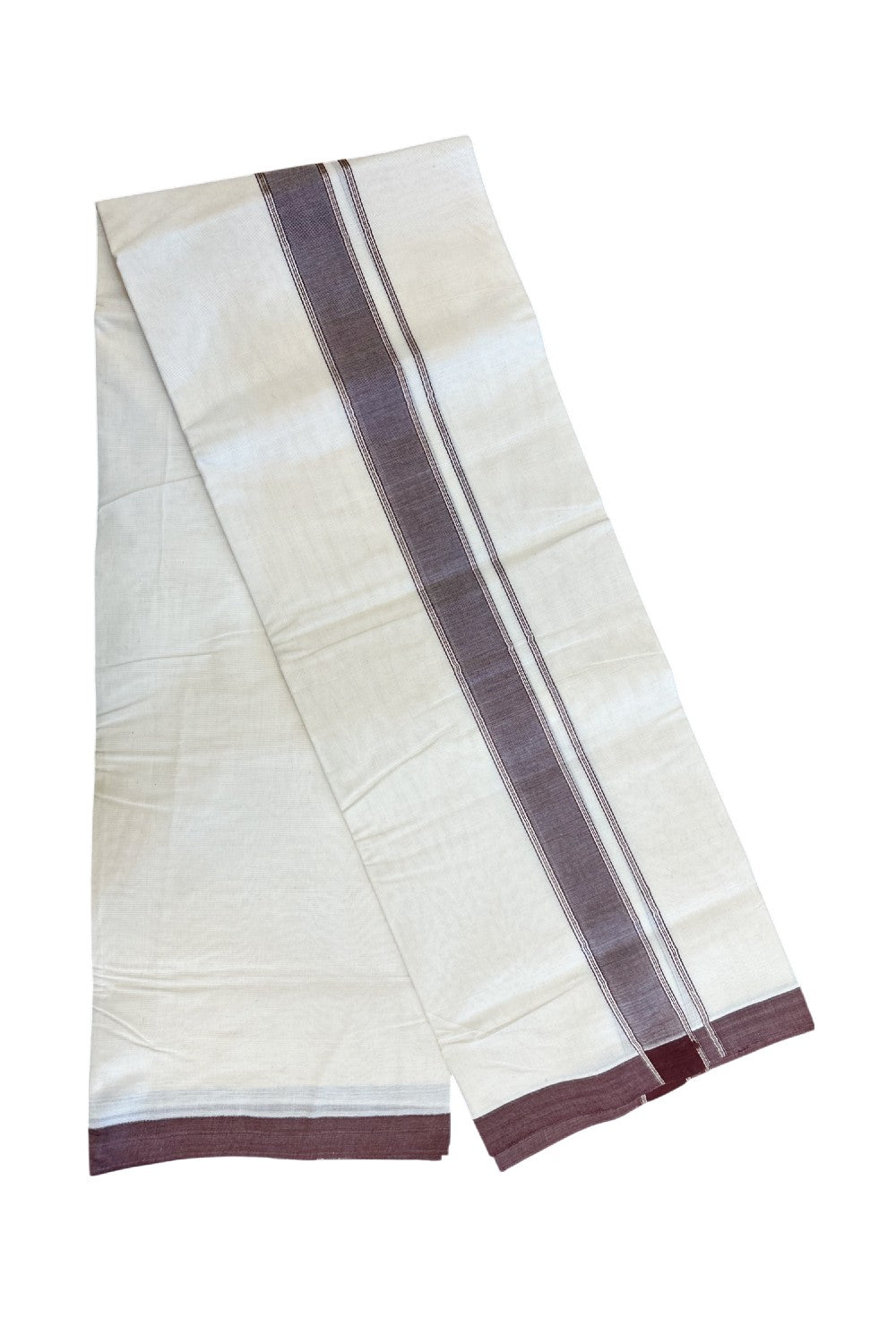 NEW !! 20% DISCOUNT!! KaithariKada Balaramapuram 100% Cotton Double Off white - (Unbleached) Mundu/Dhoti-100x80 - 1.5 inch Silver Kasavu & Brown Shaded Striped KARA - 3.75 mtr (8 Muzham) - 23KK5218 ASH