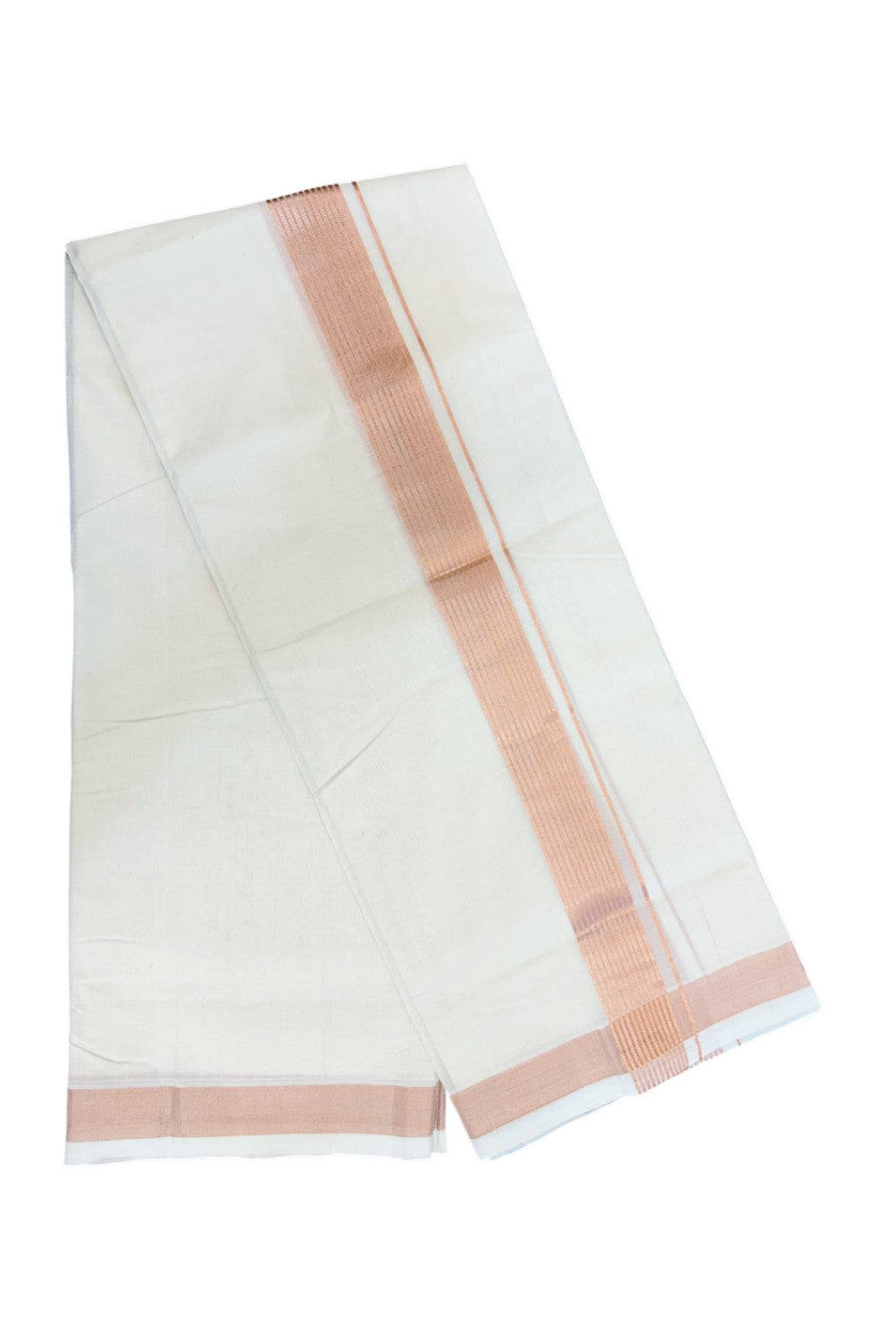 25% DISCOUNT!! KaithariKada HANDLOOM Millpaav Balaramapuram - 100% PURE Cotton OFF White Double (Unbleached) Mundu/Dothi - 80x90 - 2 Inch Copper Kasavu Stripes Kara 4 mtr (8.5 muzham) - 23KK5234 RAM