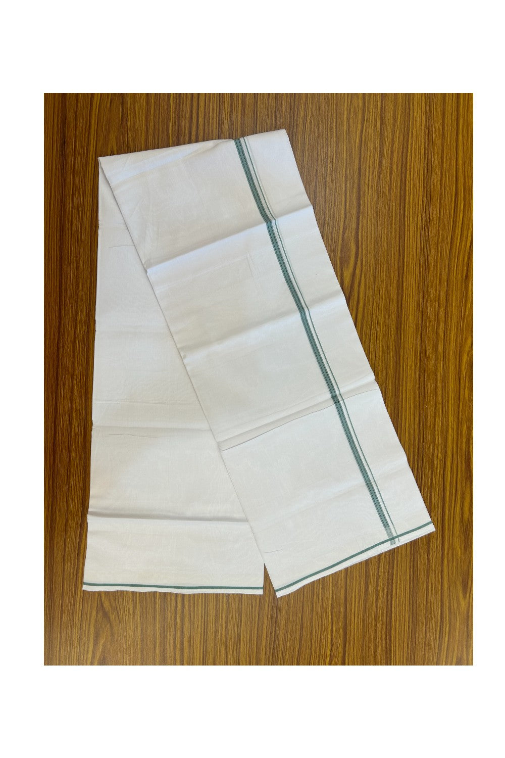 24% Discount !! KaithariKada Balaramapuram 100% Cotton Pure white Single Mundu/Dhoti - Twisted 60s Thread- 1 cm Teal Green & Black Striped Kara (2 meter / 4 muzham) - 23KK5241 GL