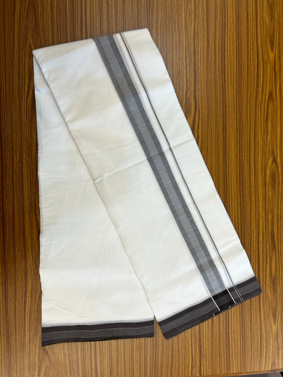 25% Discount!! NEW ULTRA PURE WHITE HANDLOOM Balaramapuram - 100% MERCERISED Cotton Double Mundu/Dhoti - 120 twisted warp x 80s weft - Brown White Silver Kasav Kara- 23KK5248 REA