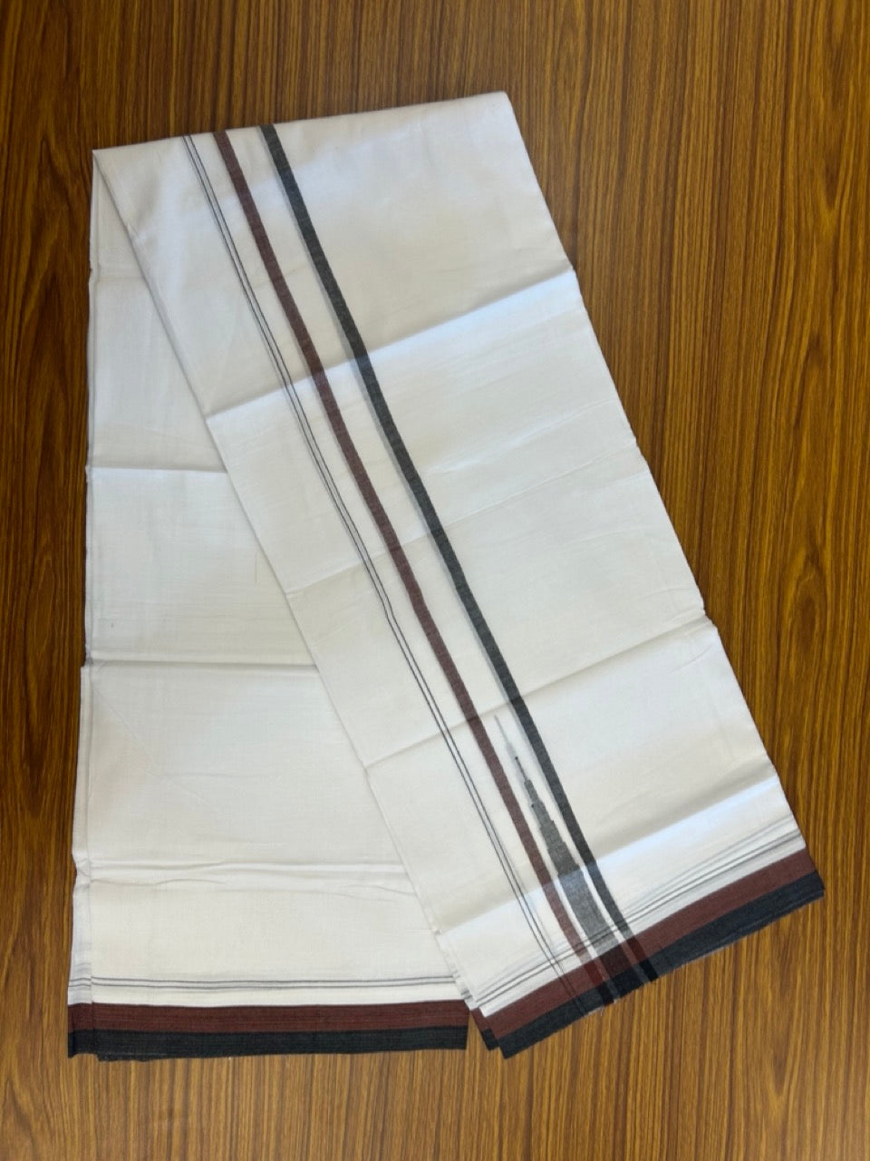 20% Discount ! NEW! KaithariKada Balaramapuram 100% Cotton Pure white Double Mundu/Dhoti - (100x80)s - 1.5 inch Coffee Brown Black chutty - 23 KK5249 VIN