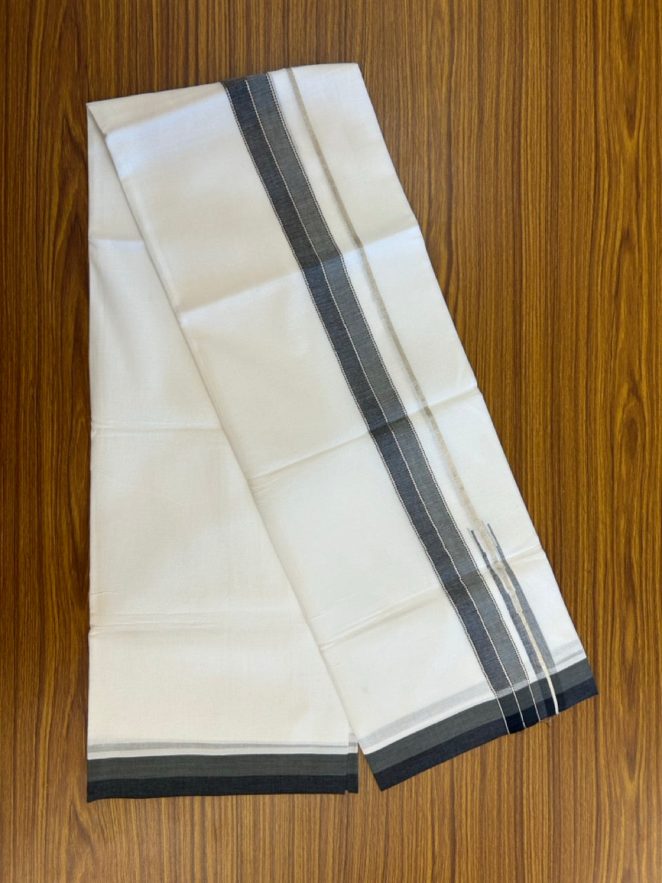 26% Discount ! NEW! KaithariKada Balaramapuram 100% Cotton Pure white Double Mundu/Dhoti - (100x80)s - Black Ash Chutty Silver Kasav - 23 KK5252 CKS