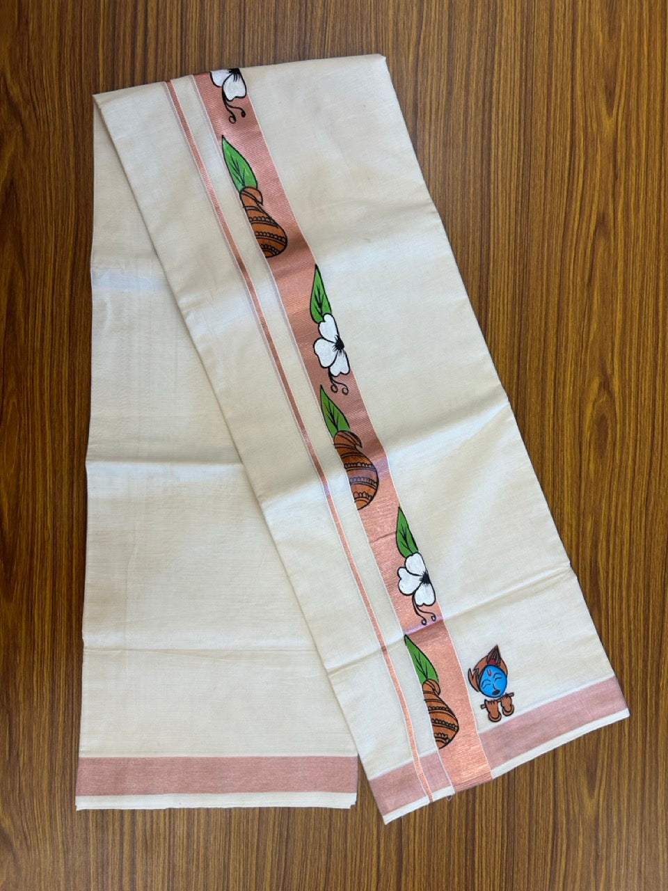 24% Discount! KaithariKada 100% Cotton Double Off white - (Ubleached) Mundu / Dhoti - 100x80 1.5 inch Copper Silver Kasavu & Hand Painted Krishna Flower - 23 KK5259 CKS