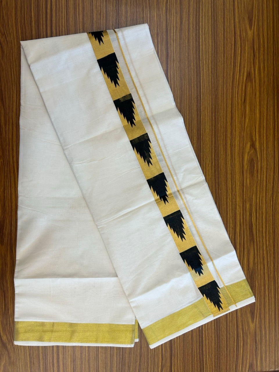 KaithariKada 100% Cotton Double Off White - (Ubleached) Mundu/Dhoti - 80x80 - 1.5 inch Gold Kasavu & Black Temple Printed Design Kara - 4 mtr (8 muzham)- 23 KK5262 STH