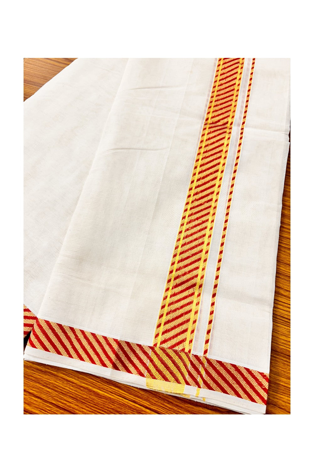 30% DISCOUNT ! KaithariKada HANDLOOM Unakkupaav Balaramapuram - 100% PURE Cotton 3.75 Meter Off White (Unbleached) Double Mundu/Dhoti - Brick Red Lines & KASAVU DESIGN 2.5 Inch KARA 3 mtr - ABH23