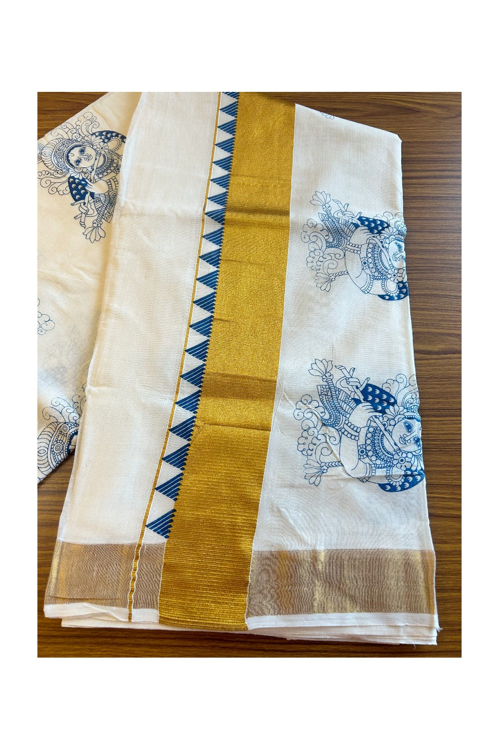 25% Discount! Kaitharikada Kerala Saree - Cotton Off white - Gold Kasavu Zari with Blue Krishna Printed - 23KK300VIN