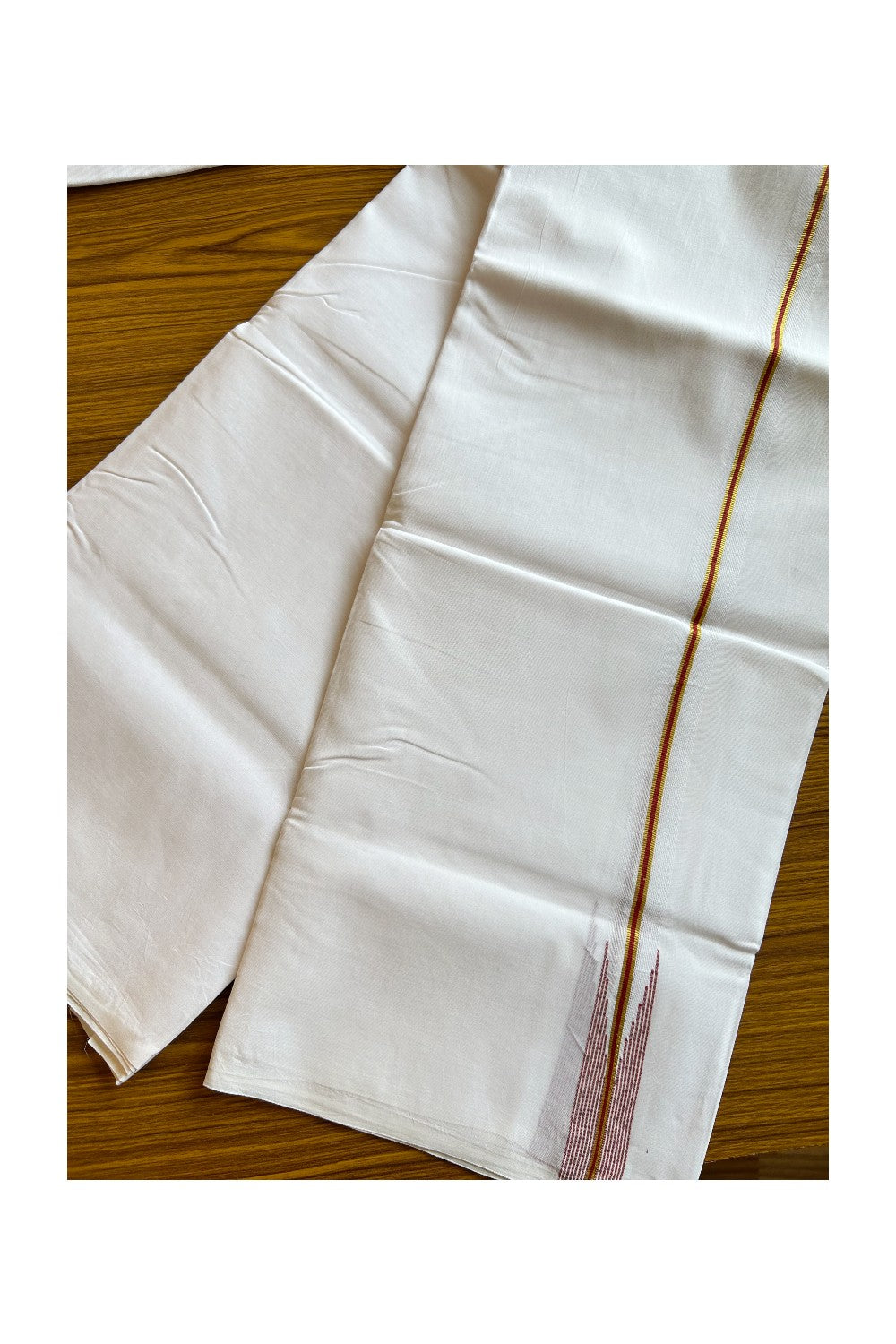 19% DISCOUNT!! KaithariKada Balaramapuram 100% Cotton PURE WHITE Double Mundu/Dhoti-100x100 1 inch Puliyilakkara Kasavu & brick red striped chutty - 23KK412ASH