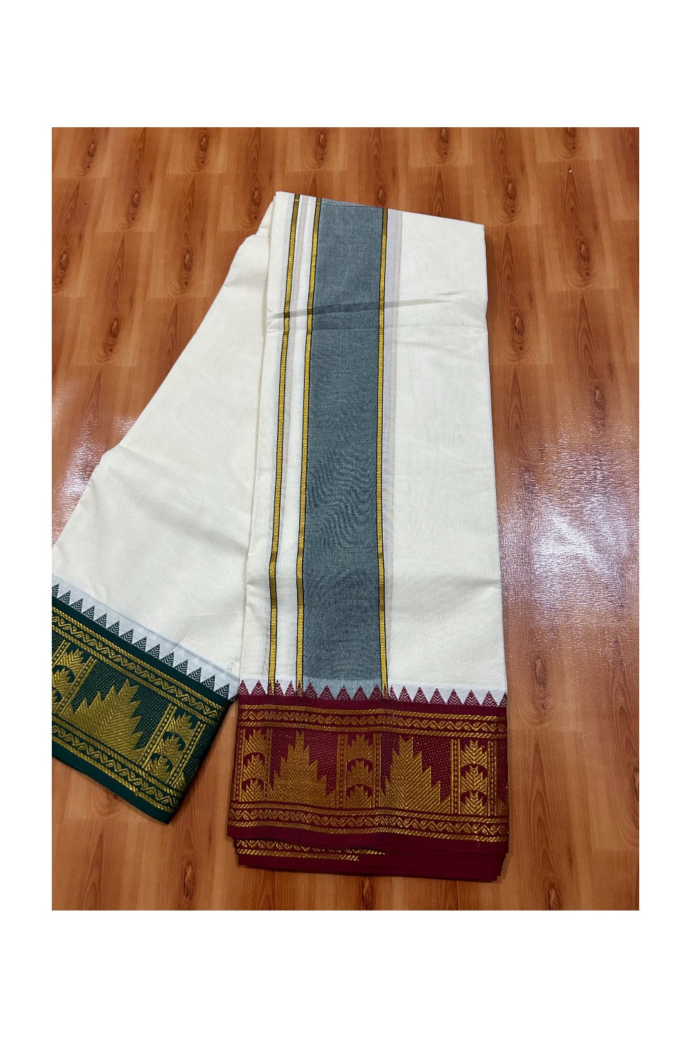 36% DISCOUNT! KaithariKada Cotton Mix Off White - (Unbleached) 80x80 thread -80%Cotton & 20% Polyester - NORTH INDIAN ATTACHED GAMCHA 9X5 Dhoti 4 inch Green kara with Maroon Kasavu border - 23KK5005PMC