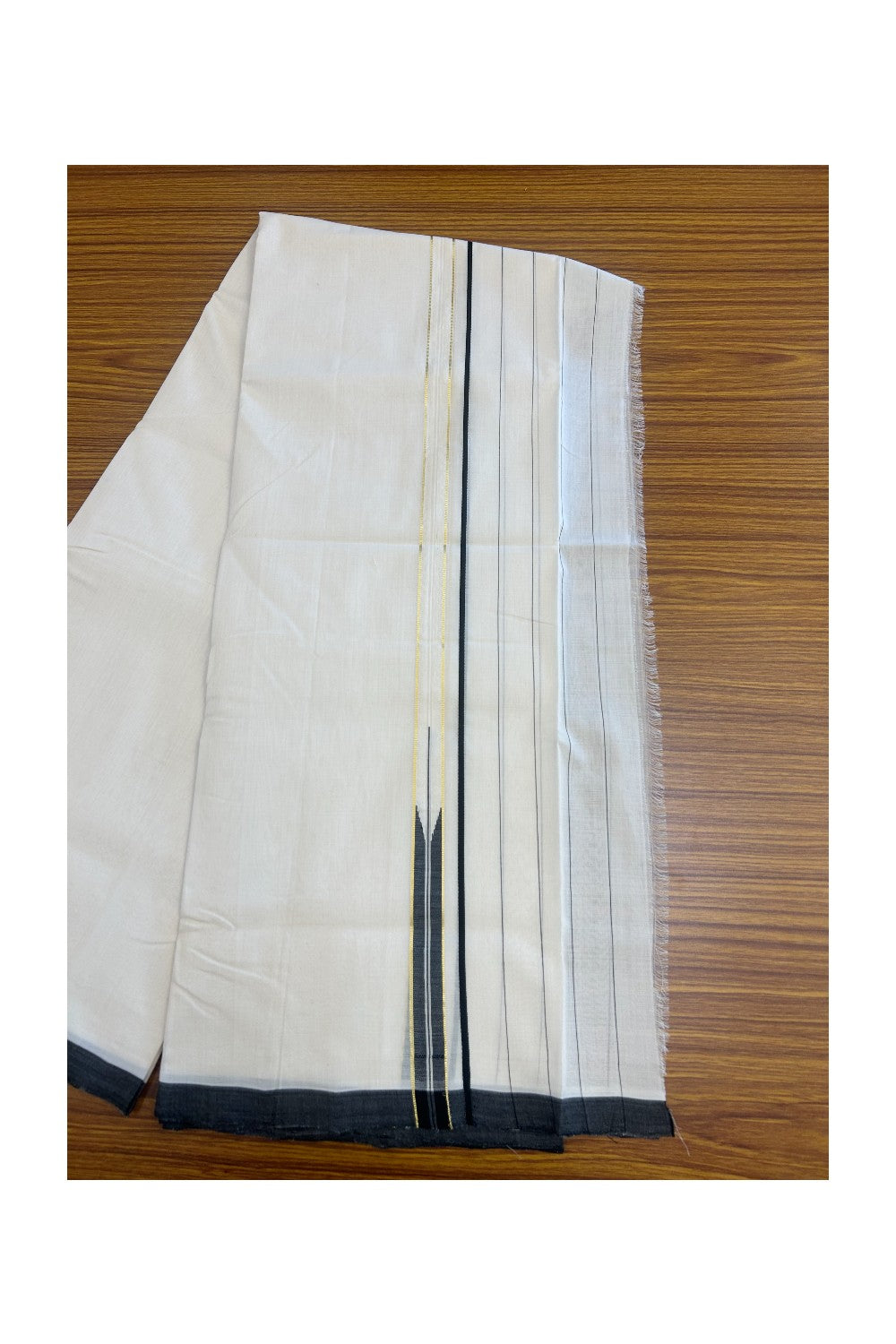 25% DISCOUNT!! KaithariKada HANDLOOM UNAKKUPAAV Balaramapuram - 100% PURE Cotton OFF White - (Unbleached) Double Mundu/Dothi - 100x100 - PURE KASAVU 6 inch Black stripes puliyilakkara chutty 3.80 meter (8.5 Muzham) - 26KK5167REA