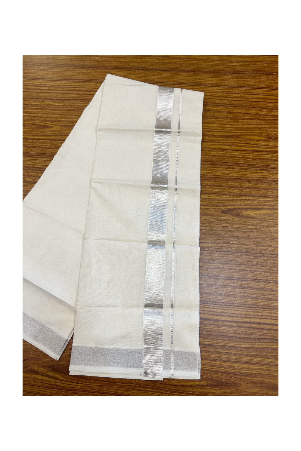 20% DISCOUNT! KaithariKada Balaramapuram 100% Cotton Off white (Unbleached) Double Mundu/Dhoti- 80x90 - 1.5 inch Silver Kasavu kara - 21KK5182VAS