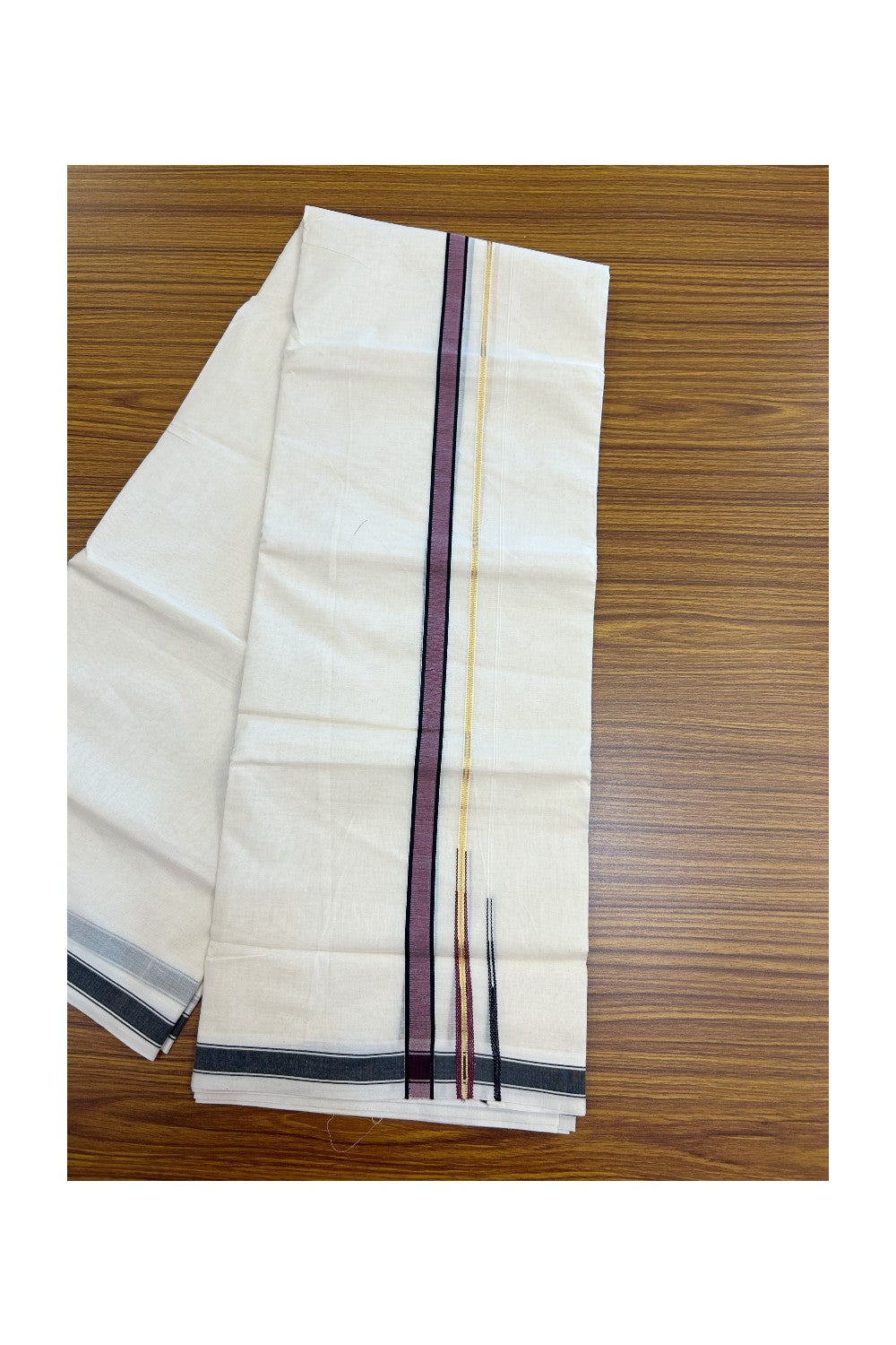20% DISCOUNT !! KaithariKada Balaramapuram 100% Pure Cotton Double Off white - (Unbleached) Mundu/Dhoti-100x80 - 0.75 inch Puliyilakkara Gold Kasavu Black & Light Wine Shaded Double Chutty Kara - 23KK5186CKS