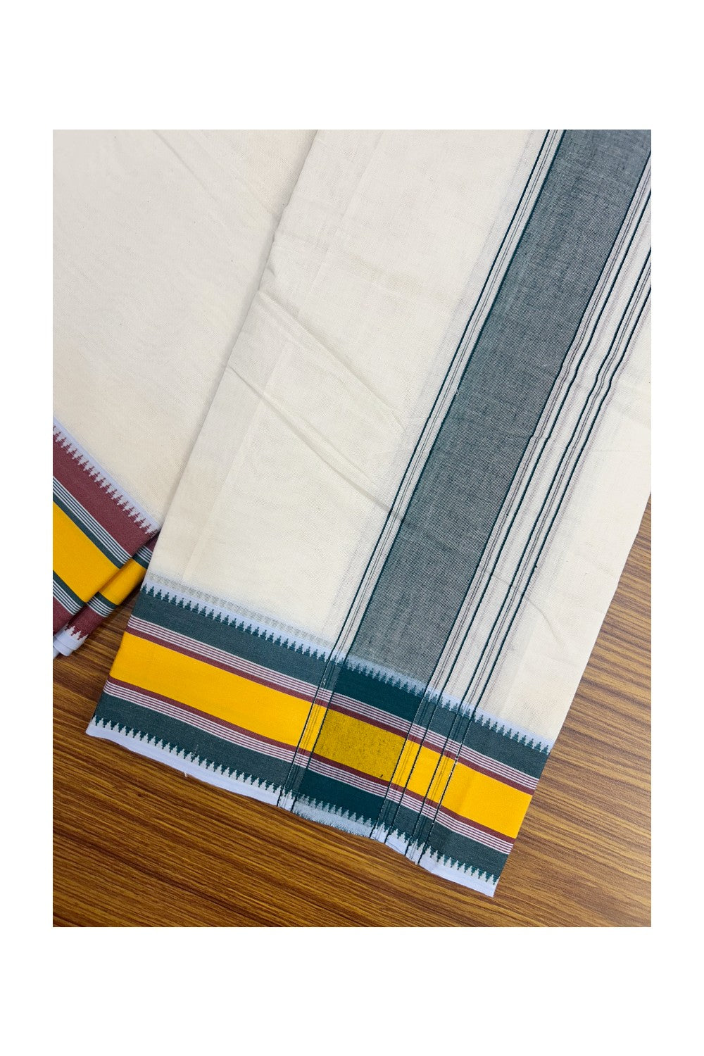 Panchakacham Dhoti - 20% DISCOUNT! KaithariKada 100% Cotton Off White - (Unbleached) - Pure Cotton -100x100 thread - NORTH INDIAN - ATTACHED GAMCHA 9X5 Dhoti Dark green kara with Yellow Green & Brown Striped border - 23KK5196PMC