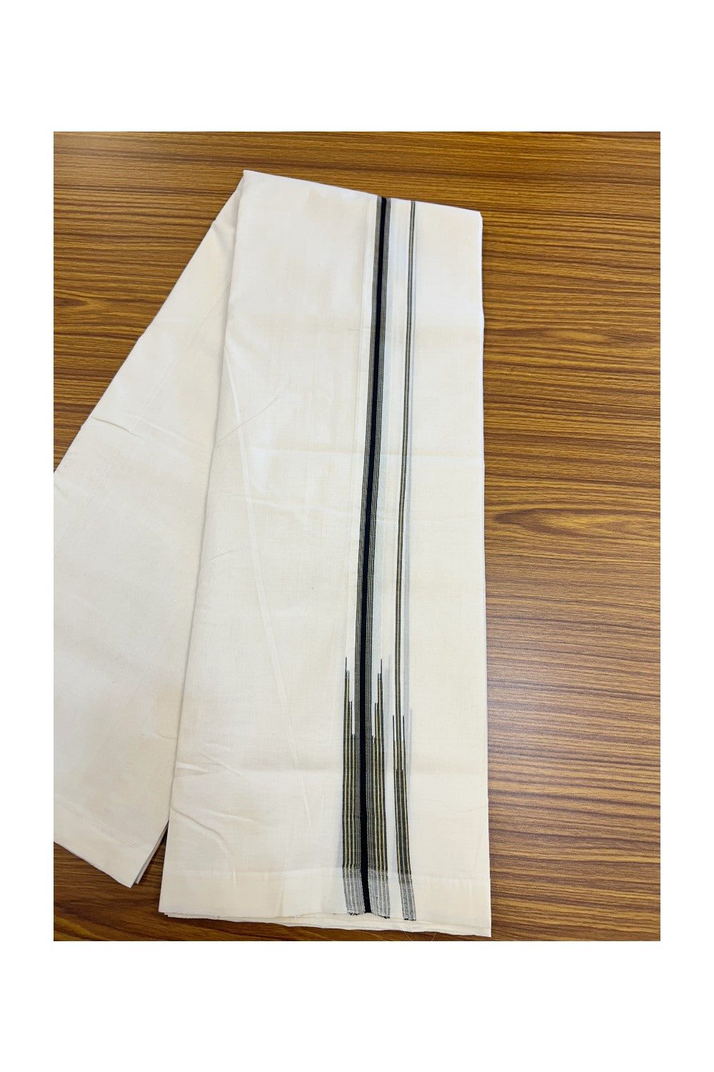 25% DISCOUNT!! KaithariKada HANDLOOM UNAKKUPAAV Balaramapuram - 100% PURE Cotton OFF White - (Unbleached) Double Mundu/Dothi - 80X100 - 1 inch Puliyilakkara Mustard Yellow & Black Striped Chutty Kara 3.80 meter (8.5 Muzham) - 23KK5209 REA