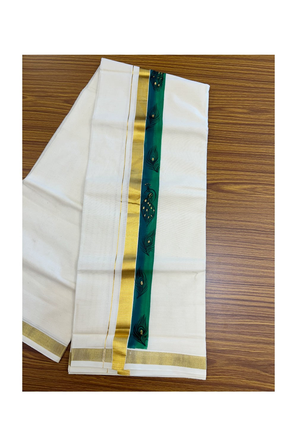 29% Discount! KaithariKada Balaramapuram 100% Cotton off white Double - (Unbleached) Mundu/Dhoti- 80x90 - Gold Kasavu HAND PAINTED Dark Green & Green Peacock Pattern 2.25 inch Kara - 23KK5212 VIN