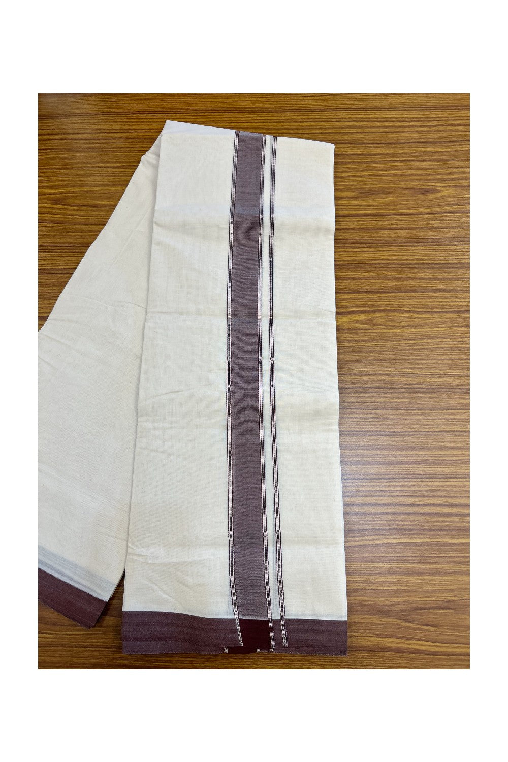 NEW !! 20% DISCOUNT!! KaithariKada Balaramapuram 100% Cotton Double Off white - (Unbleached) Mundu/Dhoti-100x80 - 1.5 inch Silver Kasavu & Brown Shaded Striped KARA - 3.75 mtr (8 Muzham) - 23KK5218 ASH