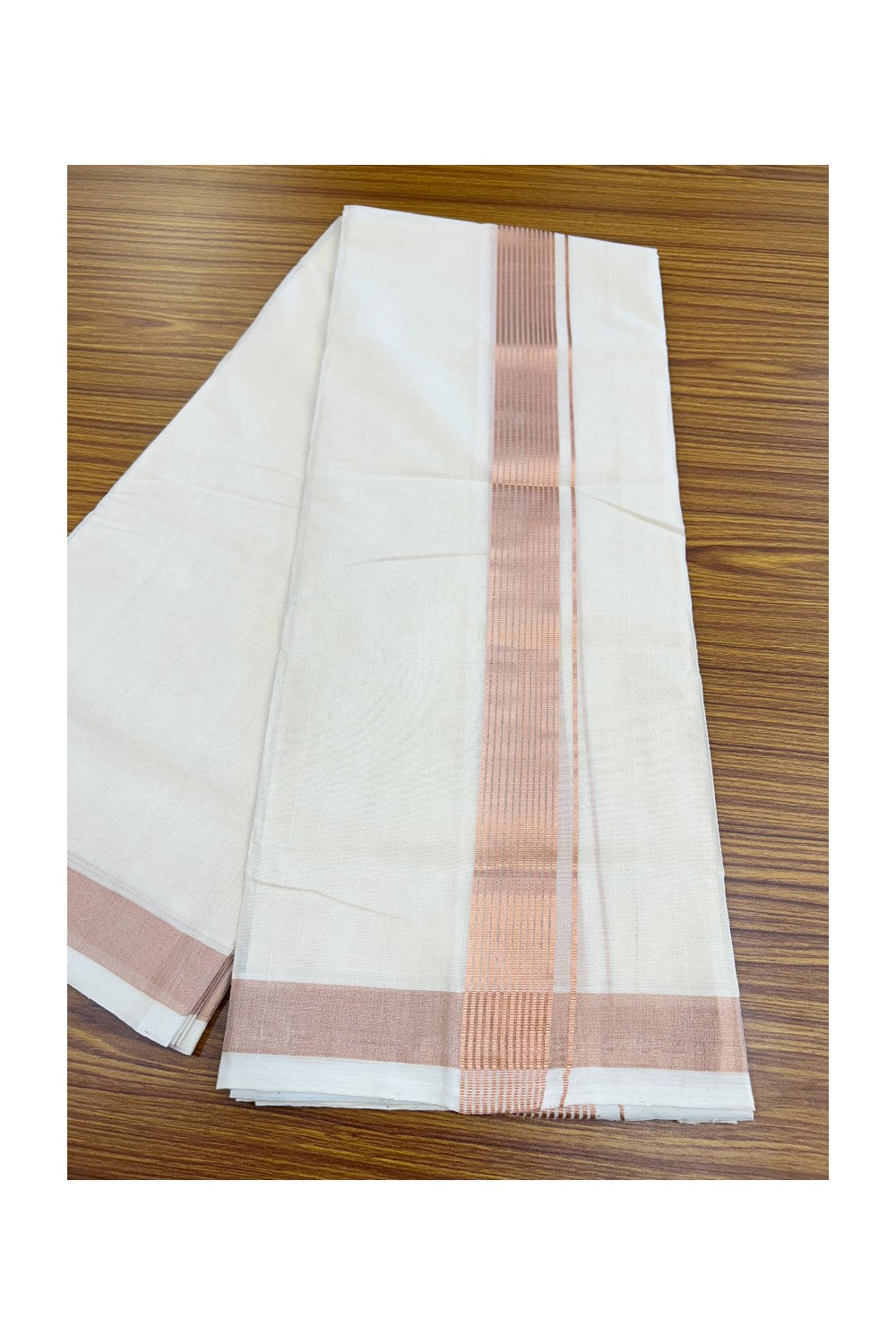 25% DISCOUNT!! KaithariKada HANDLOOM Millpaav Balaramapuram - 100% PURE Cotton OFF White Double (Unbleached) Mundu/Dothi - 80x90 - 2 Inch Copper Kasavu Stripes Kara 4 mtr (8.5 muzham) - 23KK5234 RAM