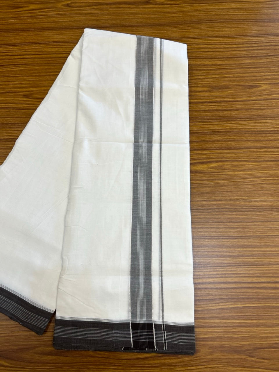 25% Discount!! NEW ULTRA PURE WHITE HANDLOOM Balaramapuram - 100% MERCERISED Cotton Double Mundu/Dhoti - 120 twisted warp x 80s weft - Brown White Silver Kasav Kara- 23KK5248 REA