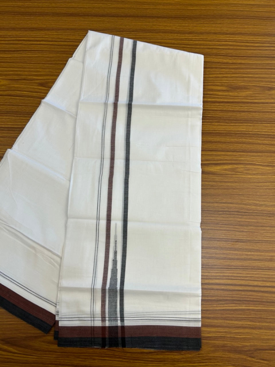 20% Discount ! NEW! KaithariKada Balaramapuram 100% Cotton Pure white Double Mundu/Dhoti - (100x80)s - 1.5 inch Coffee Brown Black chutty - 23 KK5249 VIN