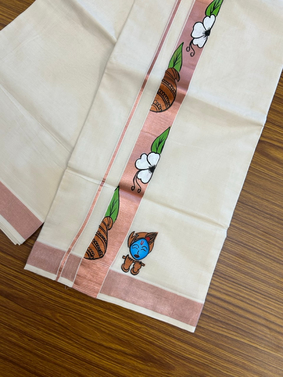 24% Discount! KaithariKada 100% Cotton Double Off white - (Ubleached) Mundu / Dhoti - 100x80 1.5 inch Copper Silver Kasavu & Hand Painted Krishna Flower - 23 KK5259 CKS