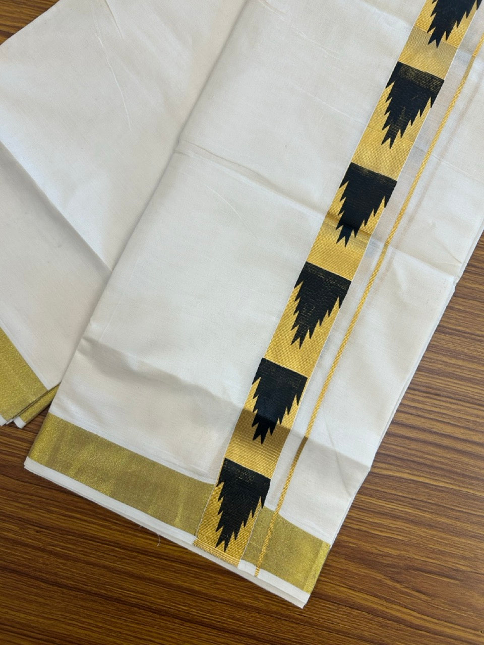 KaithariKada 100% Cotton Double Off White - (Ubleached) Mundu/Dhoti - 80x80 - 1.5 inch Gold Kasavu & Black Temple Printed Design Kara - 4 mtr (8 muzham)- 23 KK5262 STH