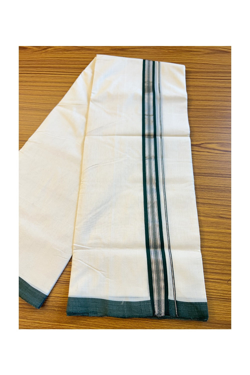 25% Discount! KaithariKada Kerala Handloom Unakkupaav - 100% Pure Cotton Off white (Unbleached) Double Mundu/Dhoti - Green silver kasavu centre pattern kara - 23KK72RAM